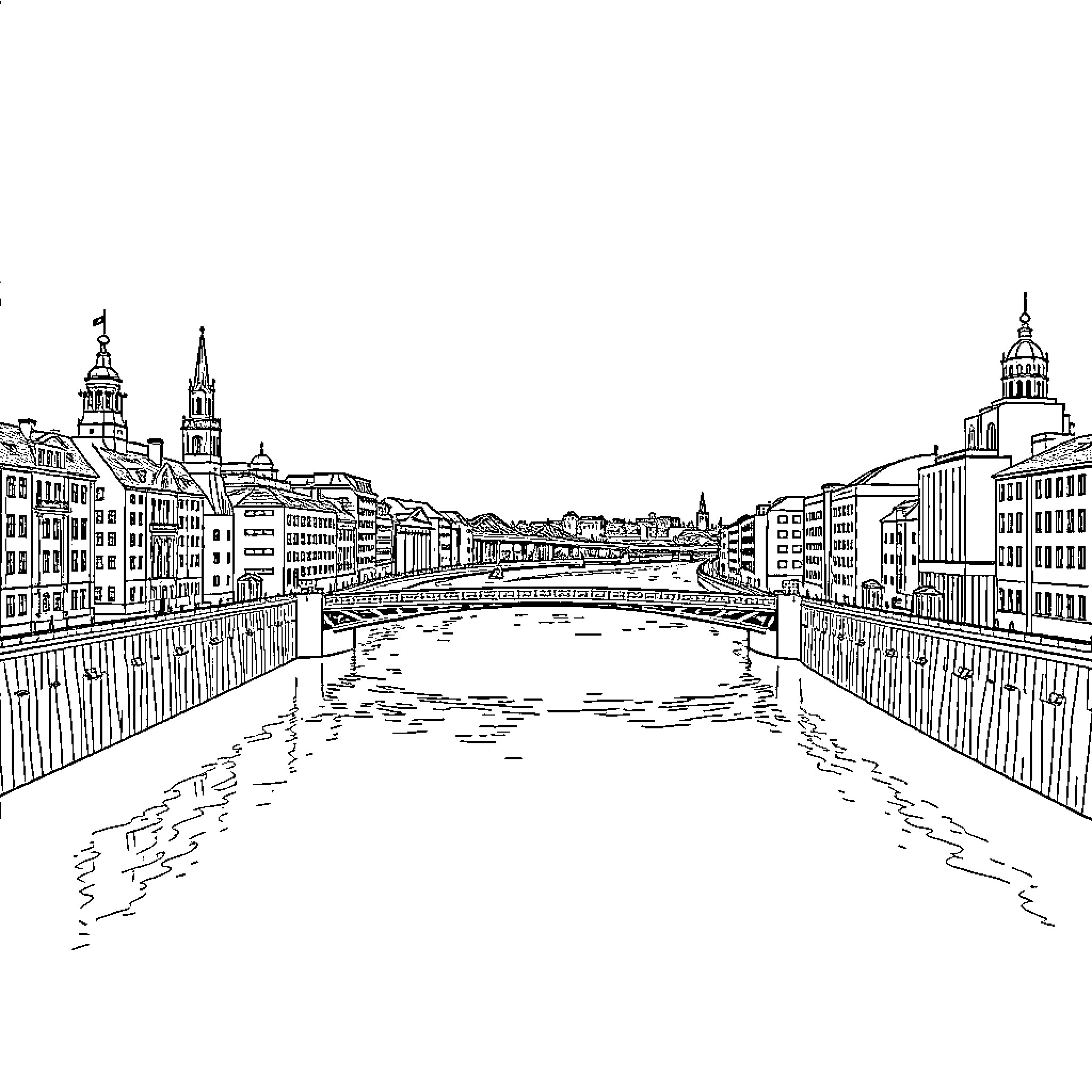 Newcastle scenic cityscape with historic buildings Coloring Page (free black-and-white line drawing printable PDF for all, from beginners to advanced learners, including children, teens, adults, and seniors)