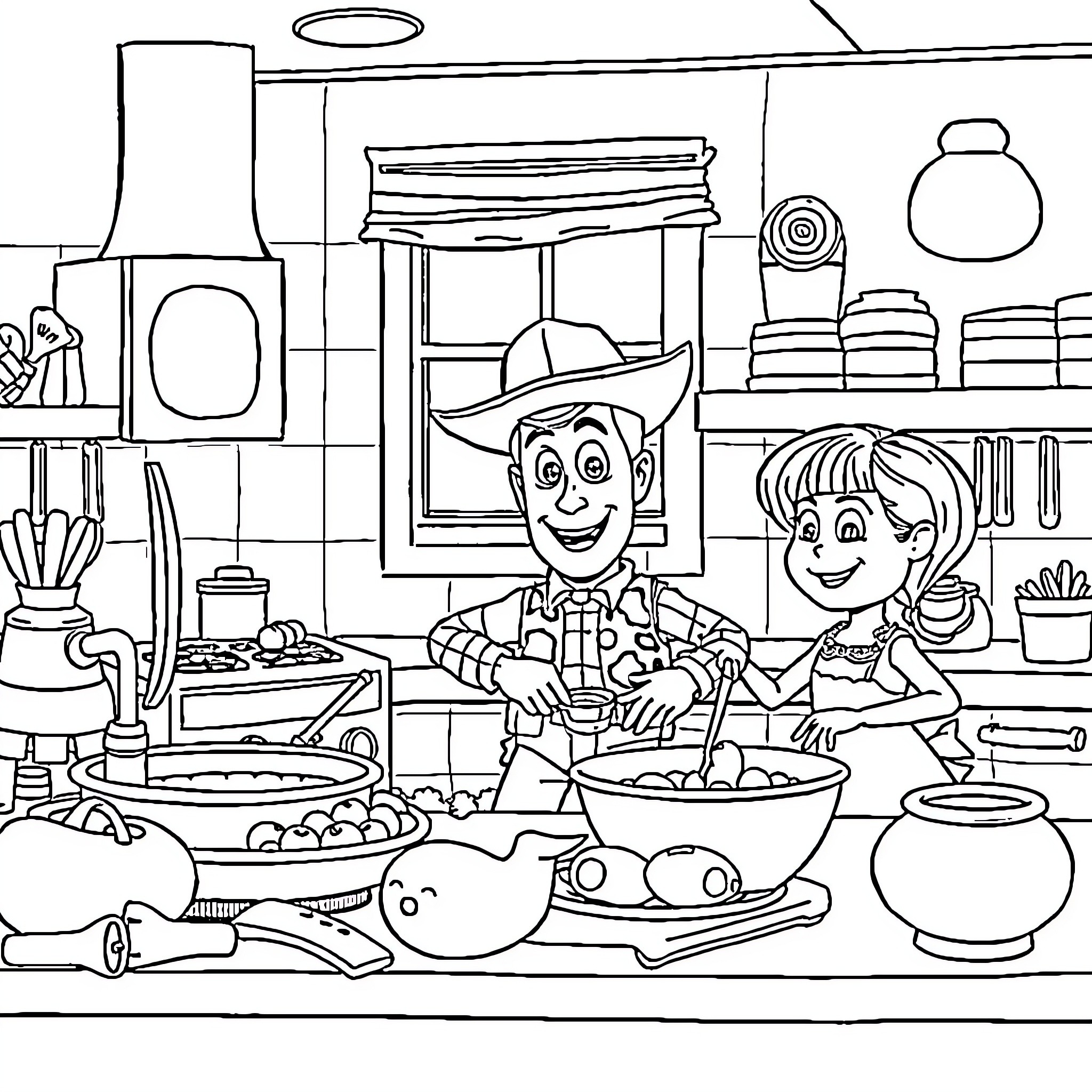 Toy Story Characters Cooking and Baking in Kitchen Coloring Page (free black-and-white line drawing printable PDF for all, from beginners to advanced learners, including children, teens, adults, and seniors)