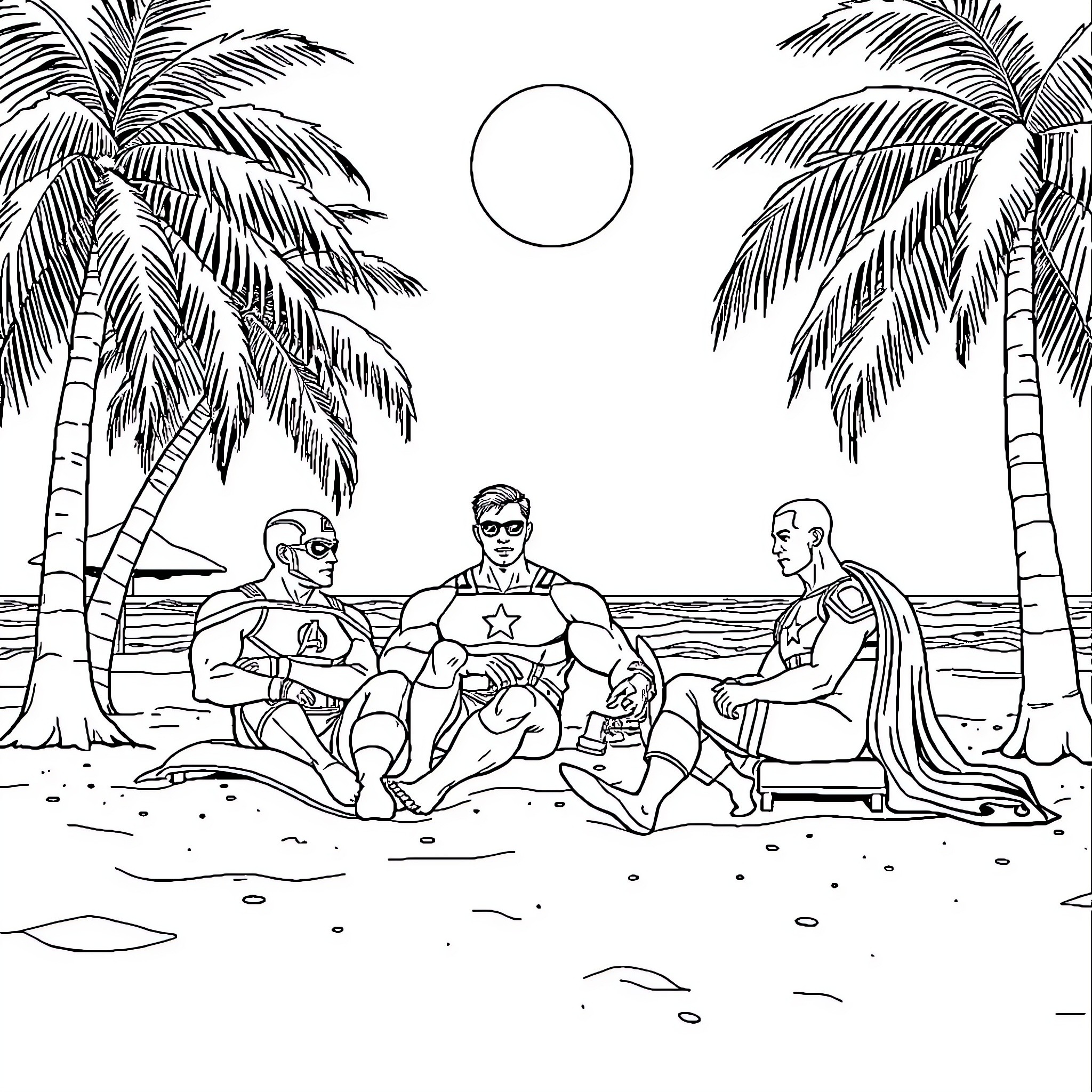 Avengers Relaxing on the Beach Coloring Page (free black-and-white line drawing printable PDF for all, from beginners to advanced learners, including children, teens, adults, and seniors)
