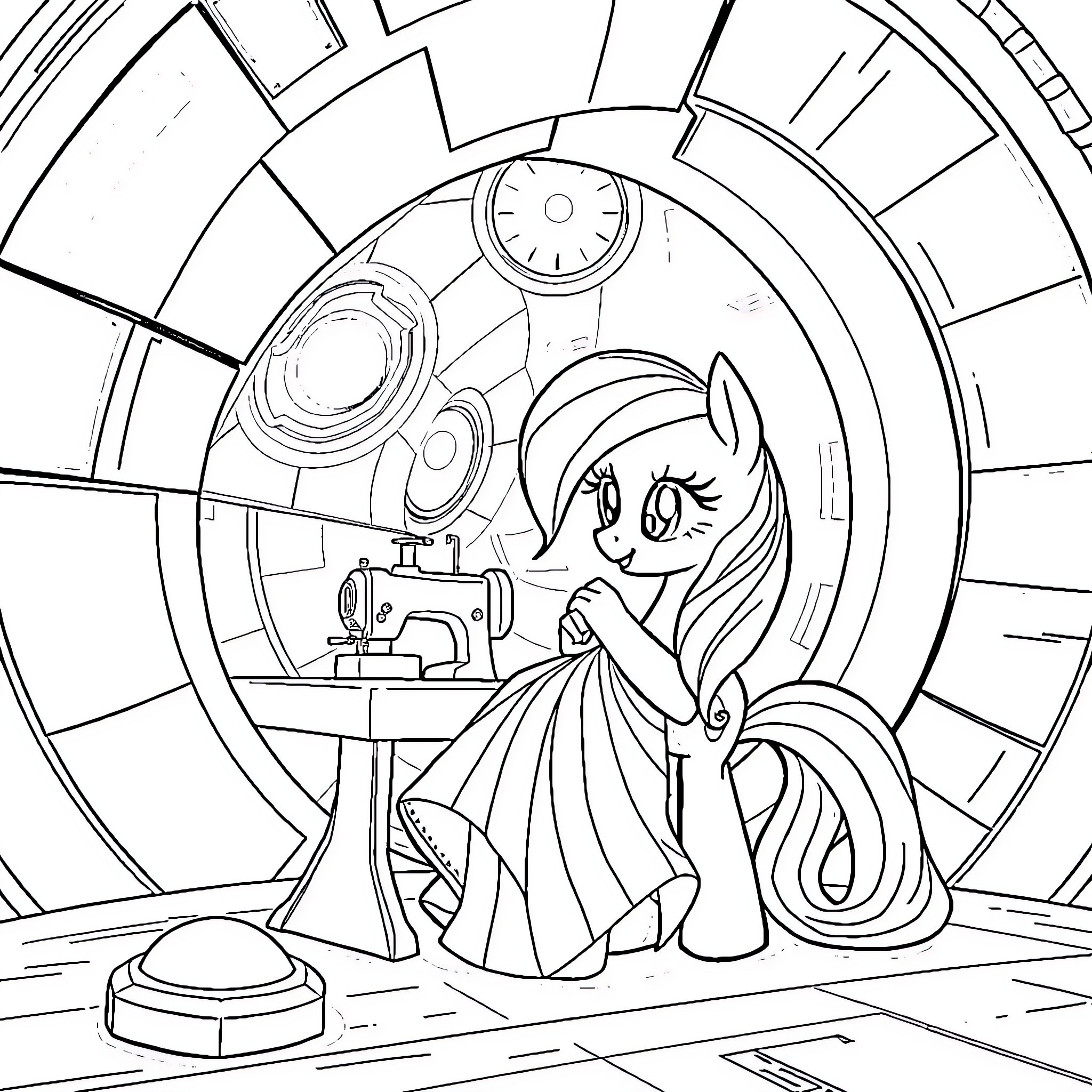 Rainbow Dash Sewing in Futuristic Workshop Coloring Page (free black-and-white line drawing printable PDF for all, from beginners to advanced learners, including children, teens, adults, and seniors)