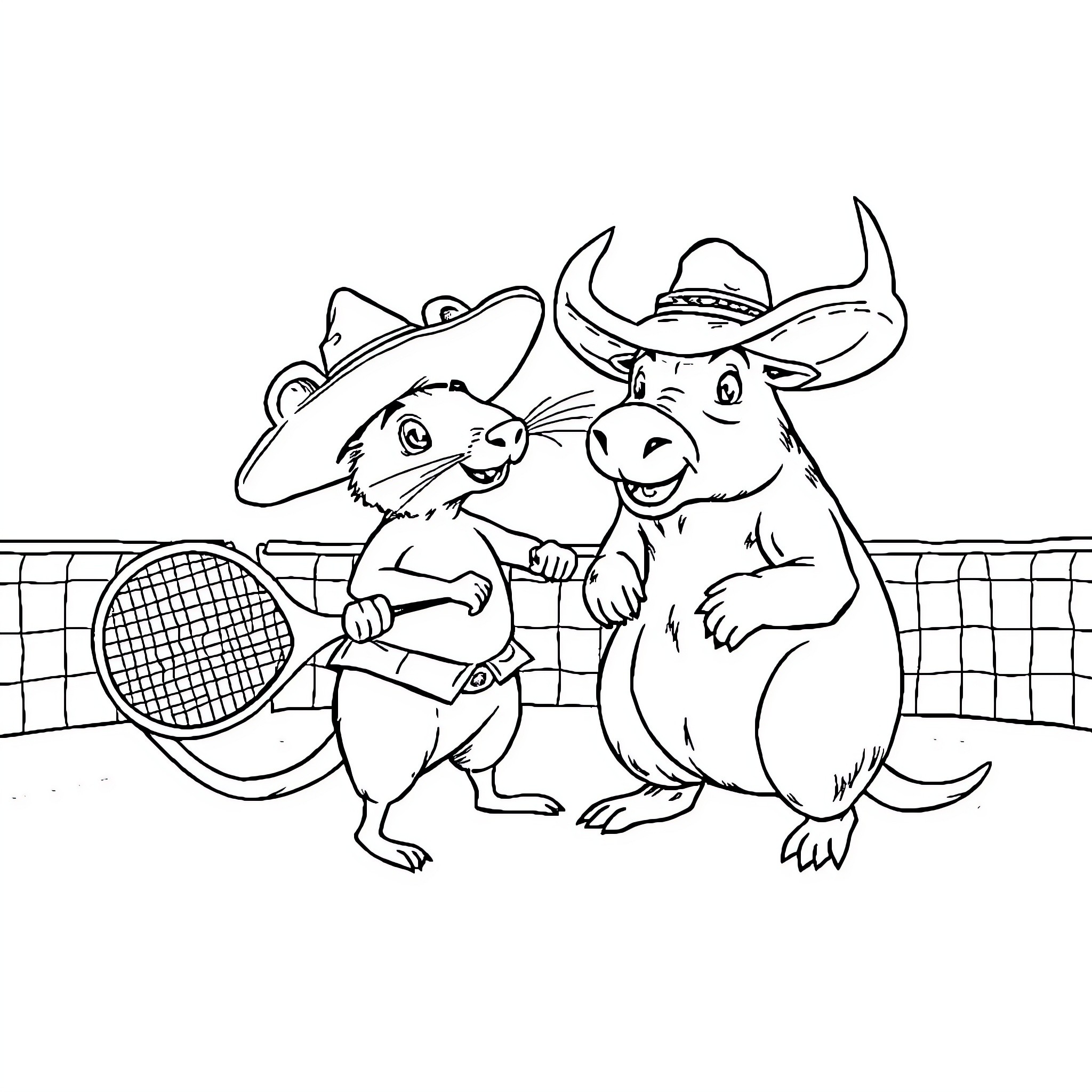 Ratón playing tennis with friends in the park Coloring Page (free black-and-white line drawing printable PDF for all, from beginners to advanced learners, including children, teens, adults, and seniors)