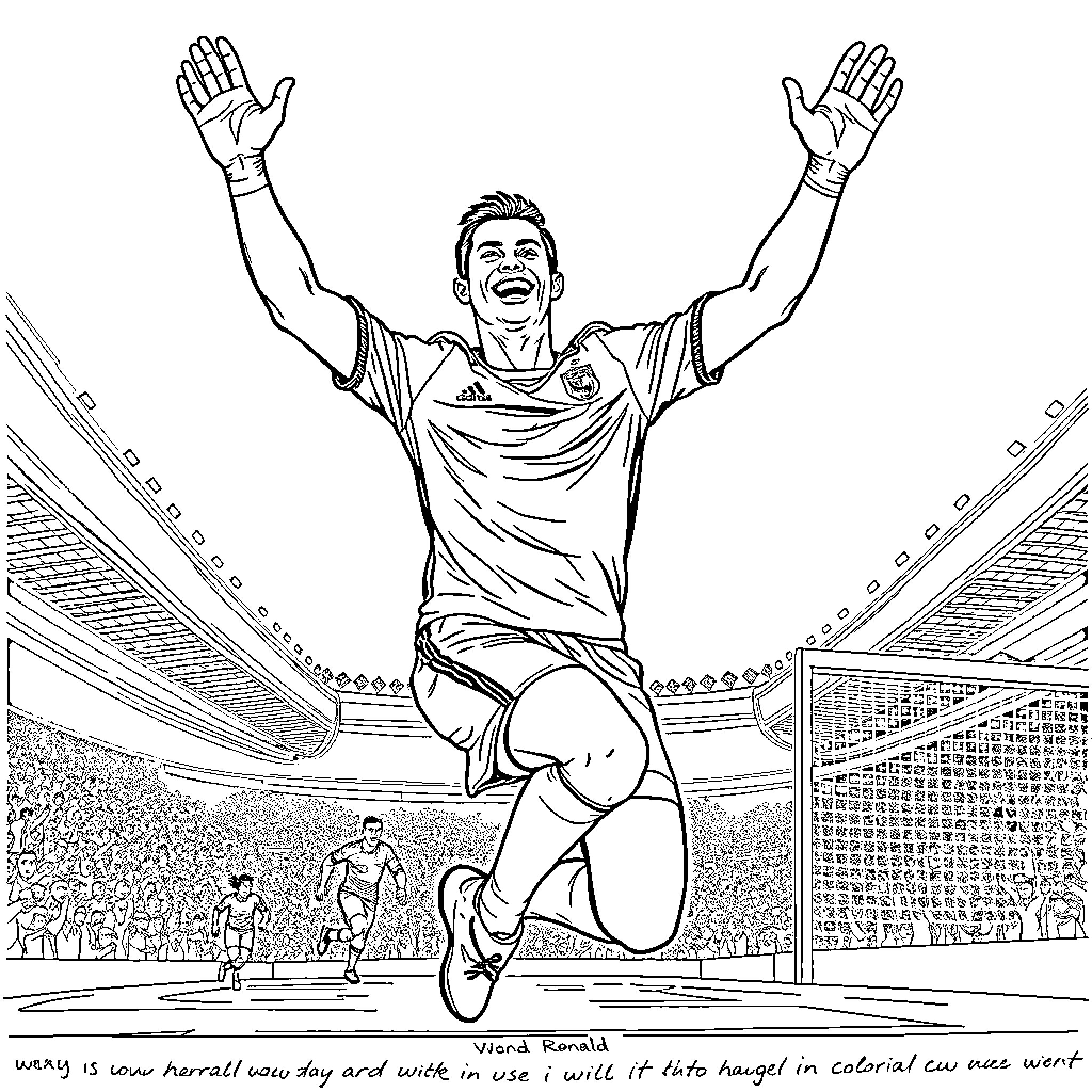 Ronaldo celebrating goal in football stadium Coloring Page (free black-and-white line drawing printable PDF for all, from beginners to advanced learners, including children, teens, adults, and seniors)
