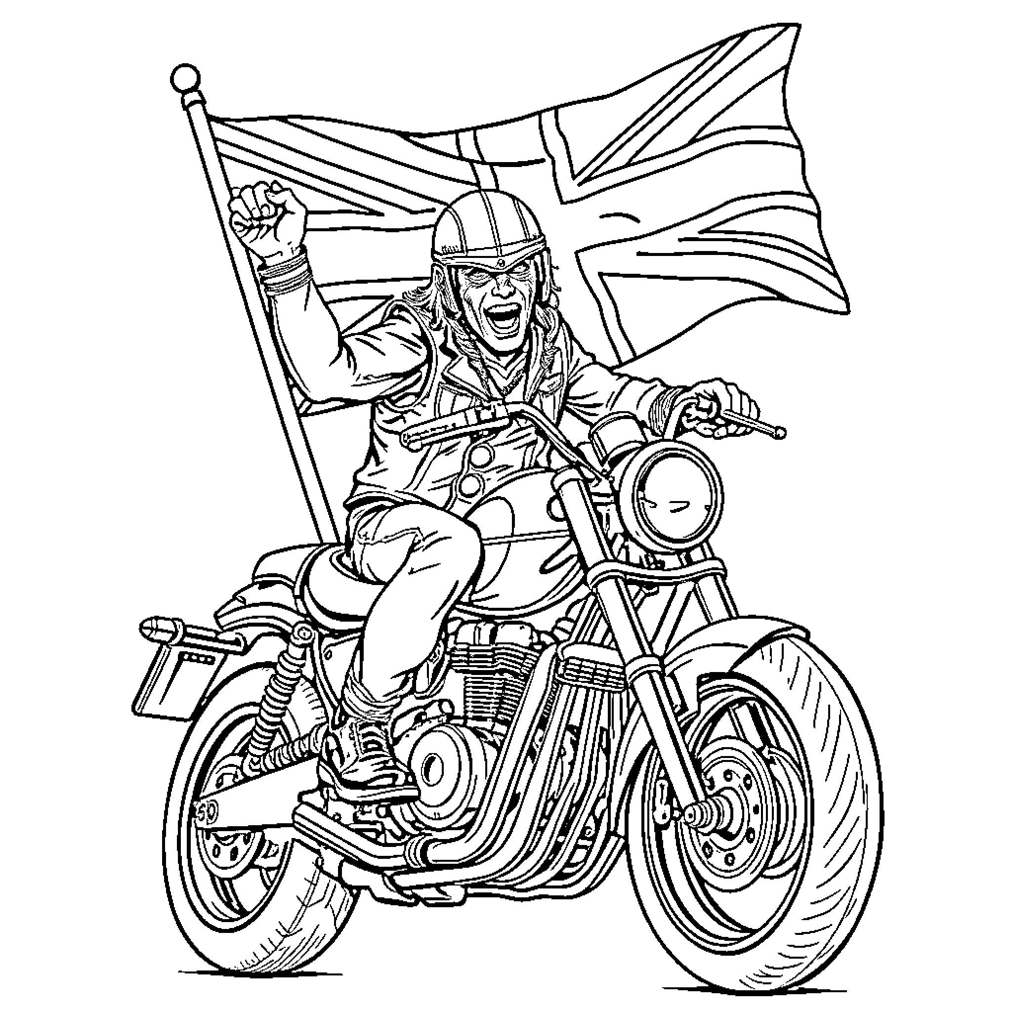 Eddy's Triumphant Motorcycle Ride with Union Jack Coloring Page (free black-and-white line drawing printable PDF for all, from beginners to advanced learners, including children, teens, adults, and seniors)
