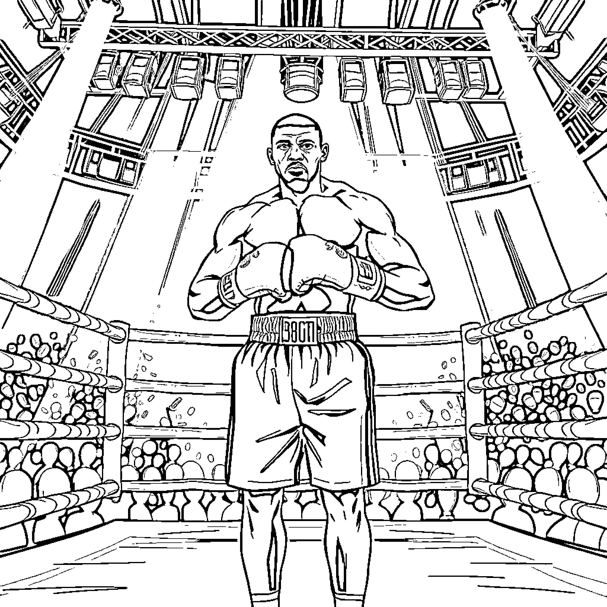 Antony Joshua standing confidently in the boxing ring Coloring Page (free black-and-white line drawing printable PDF for all, from beginners to advanced learners, including children, teens, adults, and seniors)