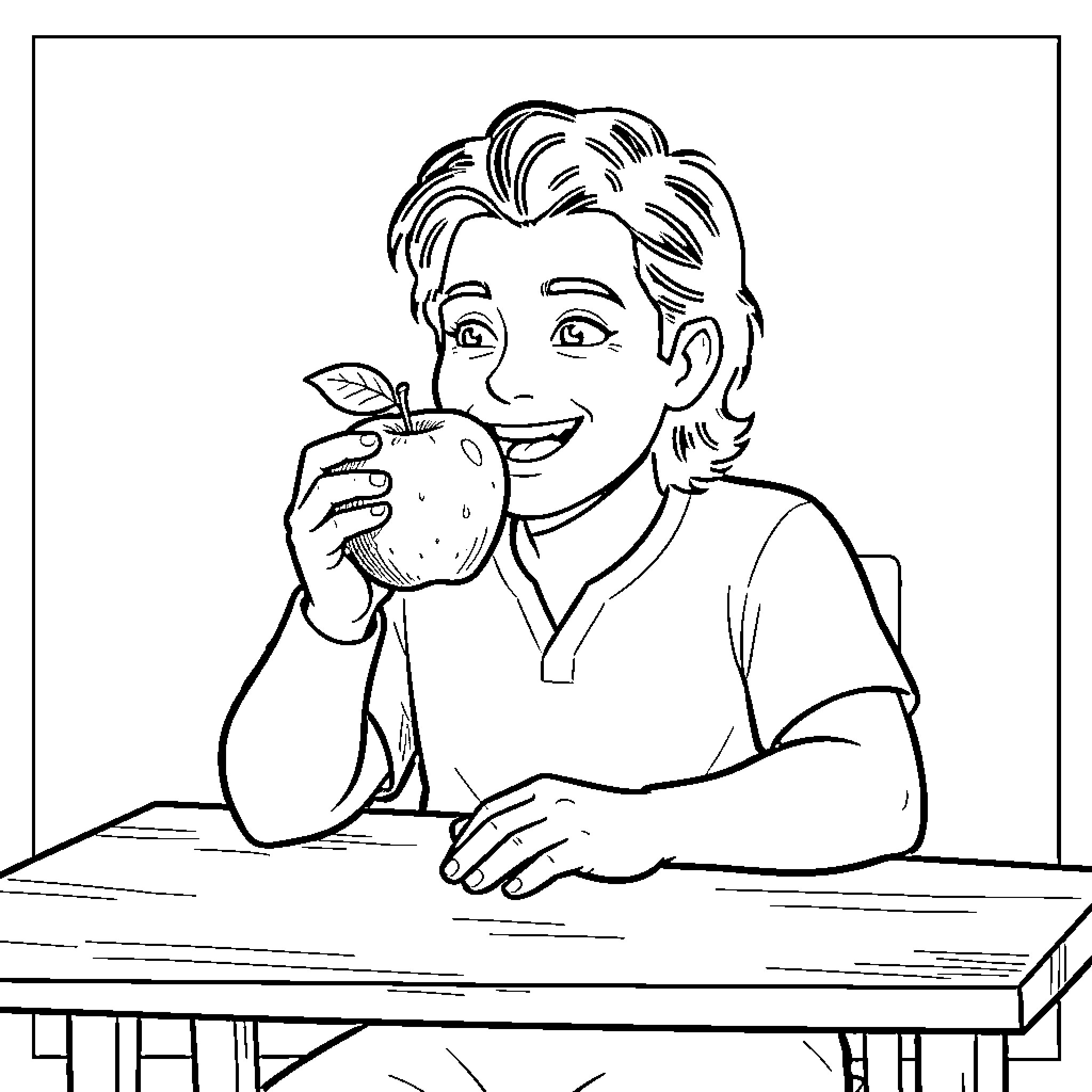 Lemon boy smiling while eating an apple at a table Coloring Page (free black-and-white line drawing printable PDF for all, from beginners to advanced learners, including children, teens, adults, and seniors)