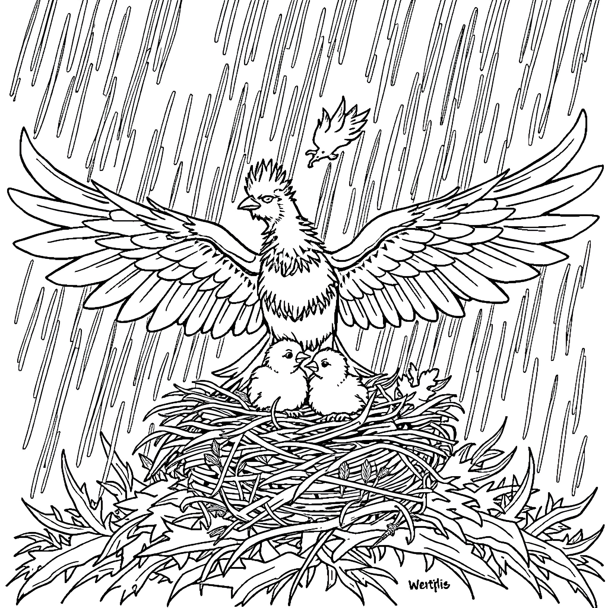 Phoenix spreading its wings over a nest with hatchlings Coloring Page (free black-and-white line drawing printable PDF for all, from beginners to advanced learners, including children, teens, adults, and seniors)