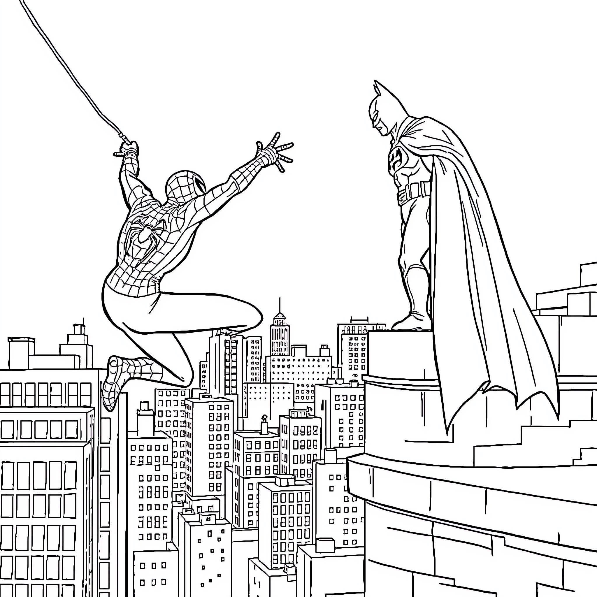 Spiderman swinging through the city, confronting Batman Coloring Page (free black-and-white line drawing printable PDF for all, from beginners to advanced learners, including children, teens, adults, and seniors)