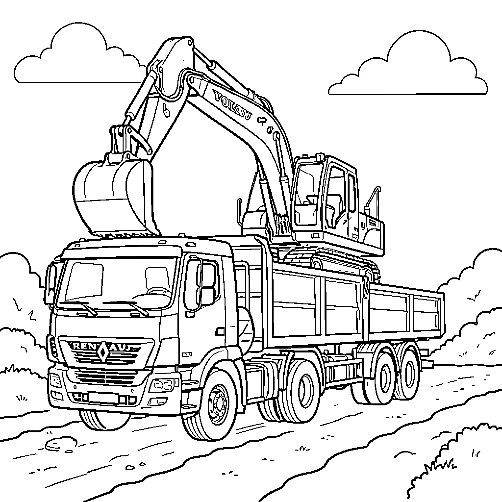 Pelle Mécanique working on a heavy truck Coloring Page (free black-and-white line drawing printable PDF for all, from beginners to advanced learners, including children, teens, adults, and seniors)