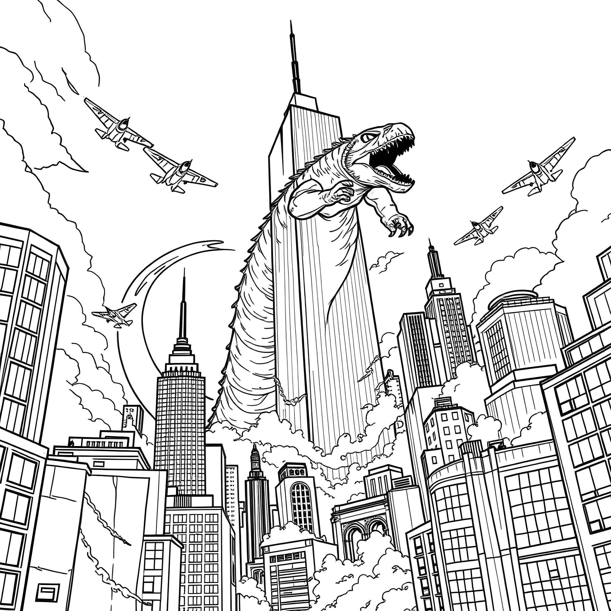 Monster Rampage through the City Skyline Coloring Page (free black-and-white line drawing printable PDF for all, from beginners to advanced learners, including children, teens, adults, and seniors)