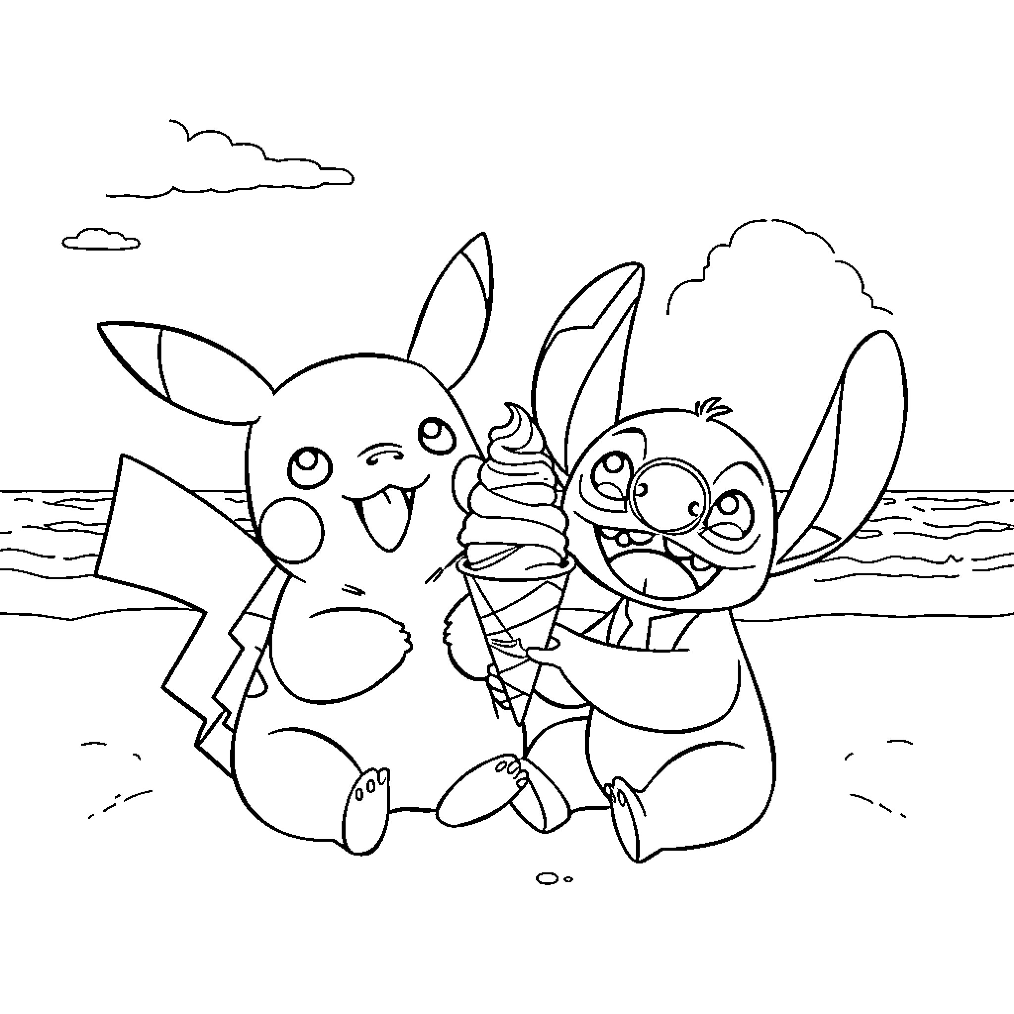 Pikachu and Stitch playing on the beach Coloring Page (free black-and-white line drawing printable PDF for all, from beginners to advanced learners, including children, teens, adults, and seniors)