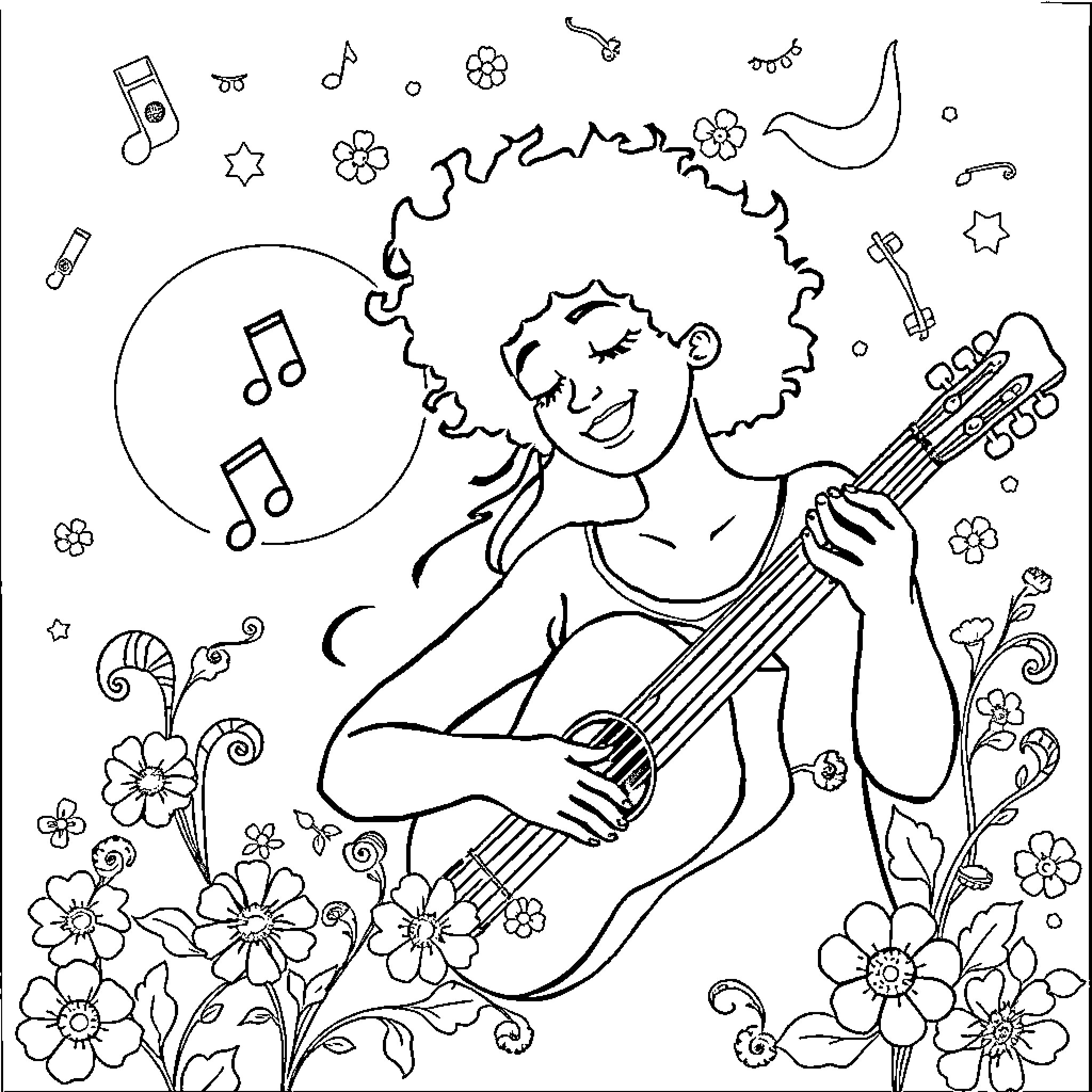 Music Filled with Joy and Creativity Coloring Page (free black-and-white line drawing printable PDF for all, from beginners to advanced learners, including children, teens, adults, and seniors)