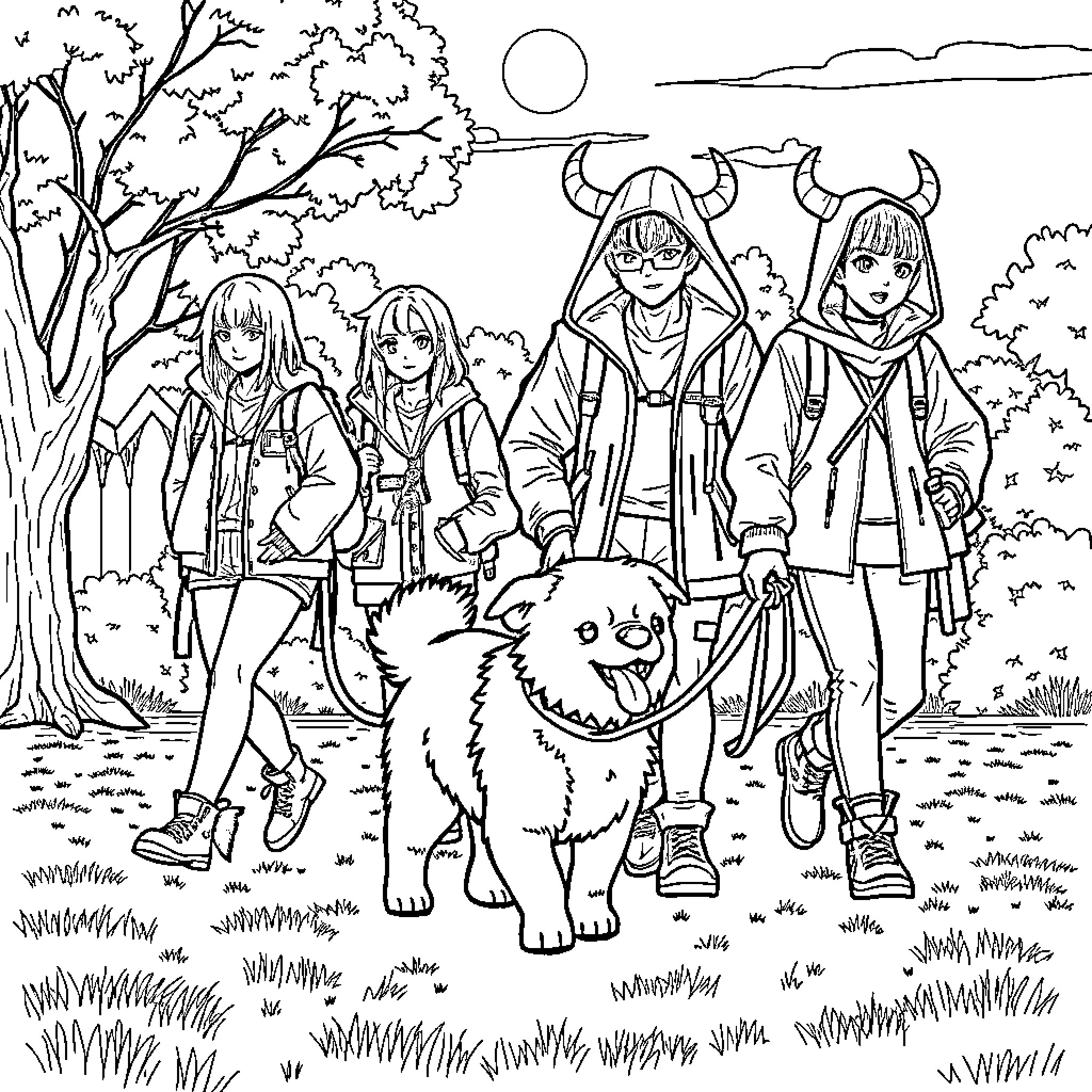 K-POP Demon Hunters Confront Supernatural Foes in the Woods Coloring Page (free black-and-white line drawing printable PDF for all, from beginners to advanced learners, including children, teens, adults, and seniors)