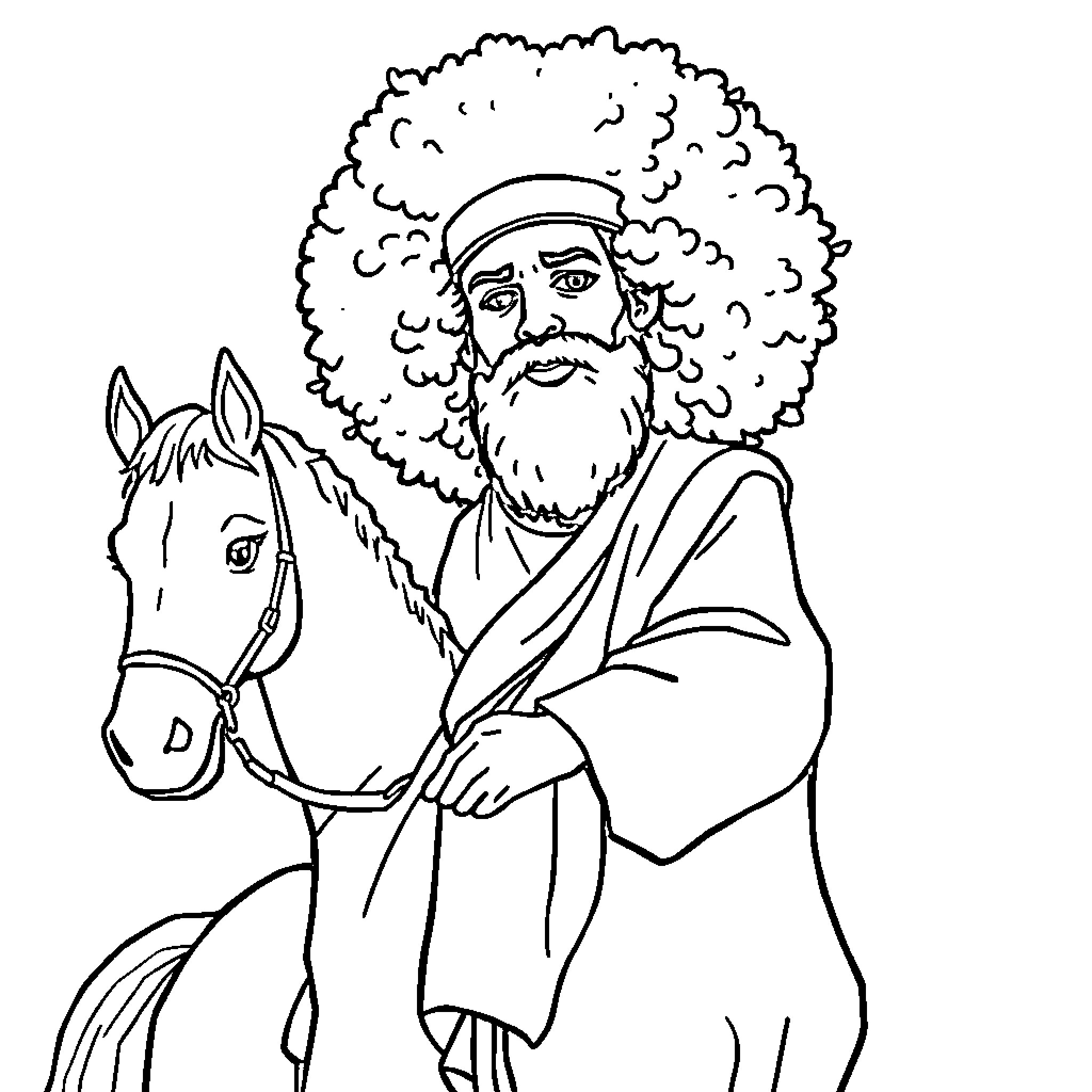 Christ Riding a Horse with Flowing Robes Coloring Page (free black-and-white line drawing printable PDF for all, from beginners to advanced learners, including children, teens, adults, and seniors)