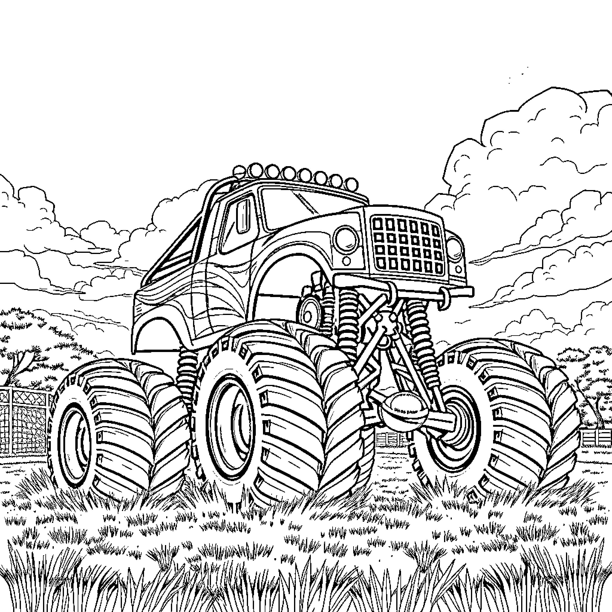Monster Truck driving through a grassy field Coloring Page (free black-and-white line drawing printable PDF for all, from beginners to advanced learners, including children, teens, adults, and seniors)