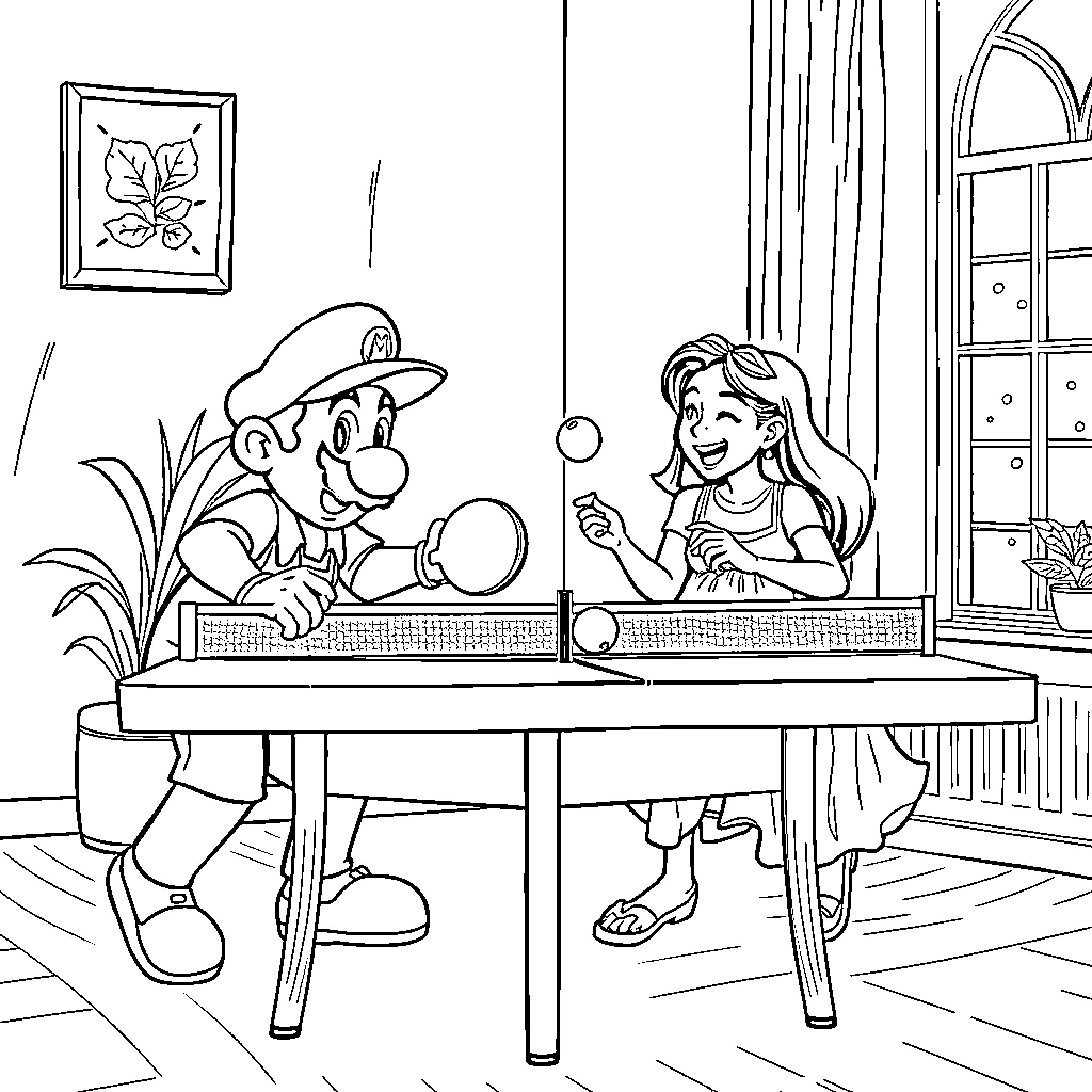 Mario and Woman Engage in Friendly Ping-Pong Match Coloring Page (free black-and-white line drawing printable PDF for all, from beginners to advanced learners, including children, teens, adults, and seniors)