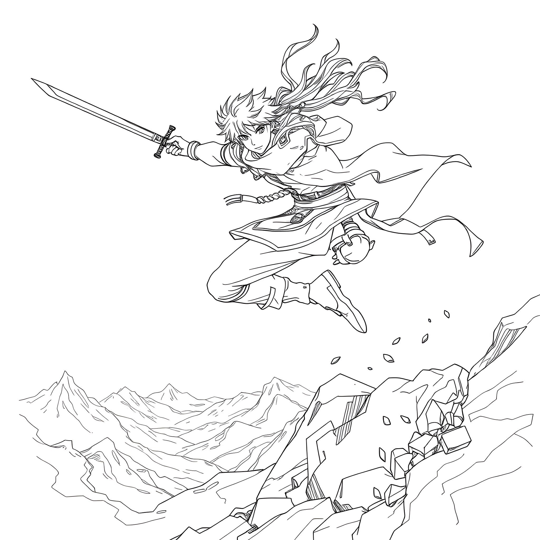 Strider Hiryu in high-speed action over treacherous terrain Coloring Page (free black-and-white line drawing printable PDF for all, from beginners to advanced learners, including children, teens, adults, and seniors)