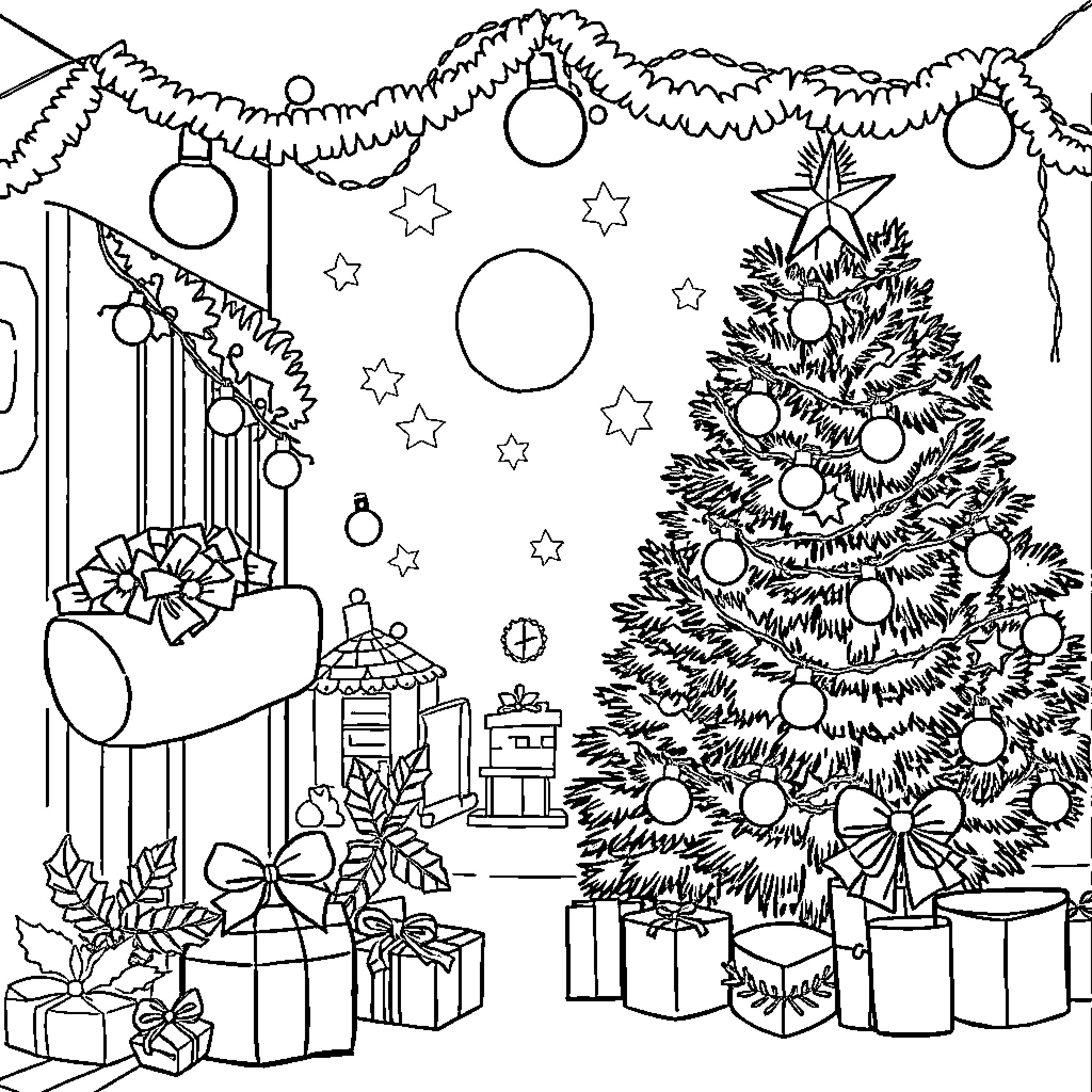 Luli's Magical Christmas Scene Coloring Page (free black-and-white line drawing printable PDF for all, from beginners to advanced learners, including children, teens, adults, and seniors)