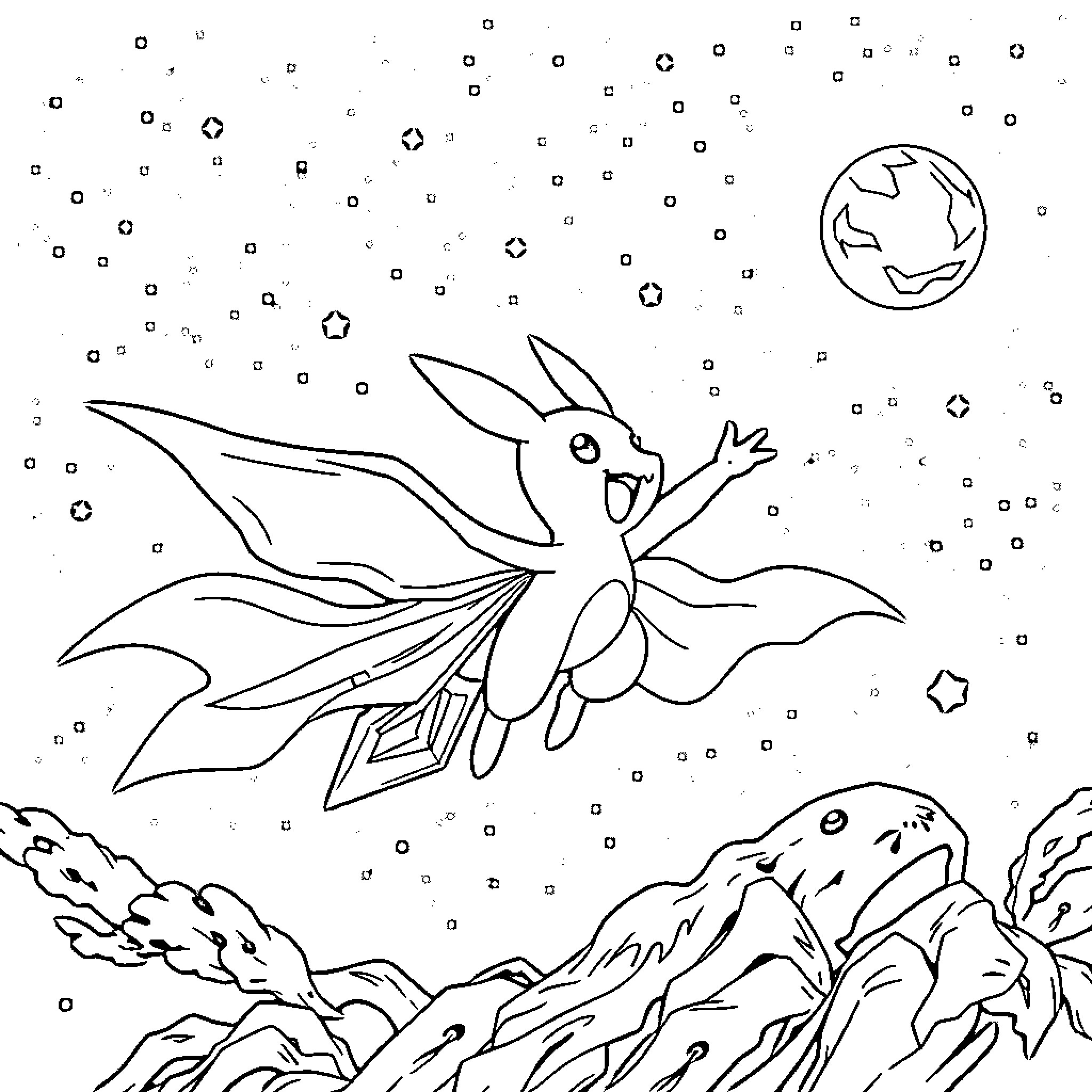 Superhero Pokemon flying over a cosmic landscape Coloring Page (free black-and-white line drawing printable PDF for all, from beginners to advanced learners, including children, teens, adults, and seniors)