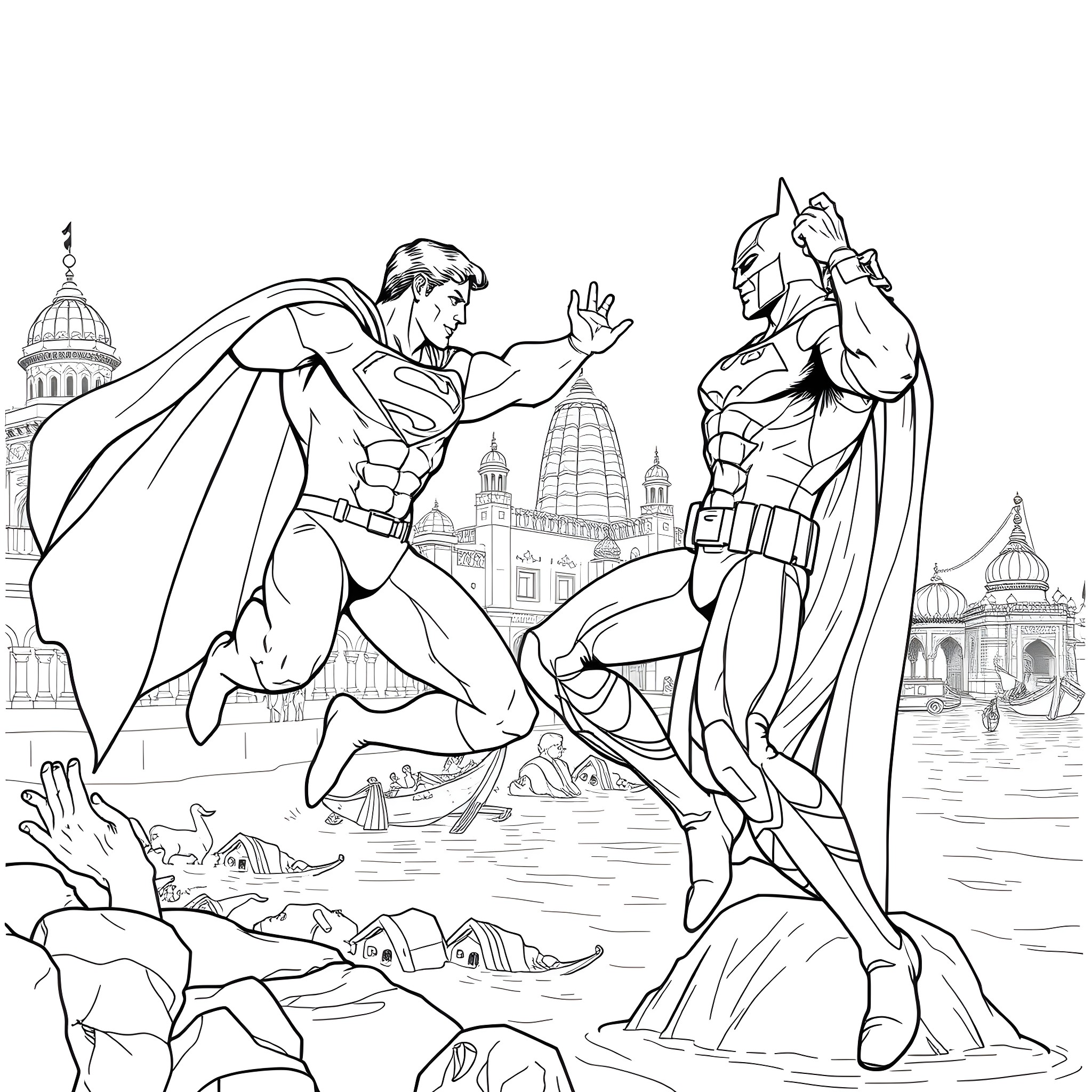 Superman and Batman in heroic poses over the city Coloring Page (free black-and-white line drawing printable PDF for all, from beginners to advanced learners, including children, teens, adults, and seniors)