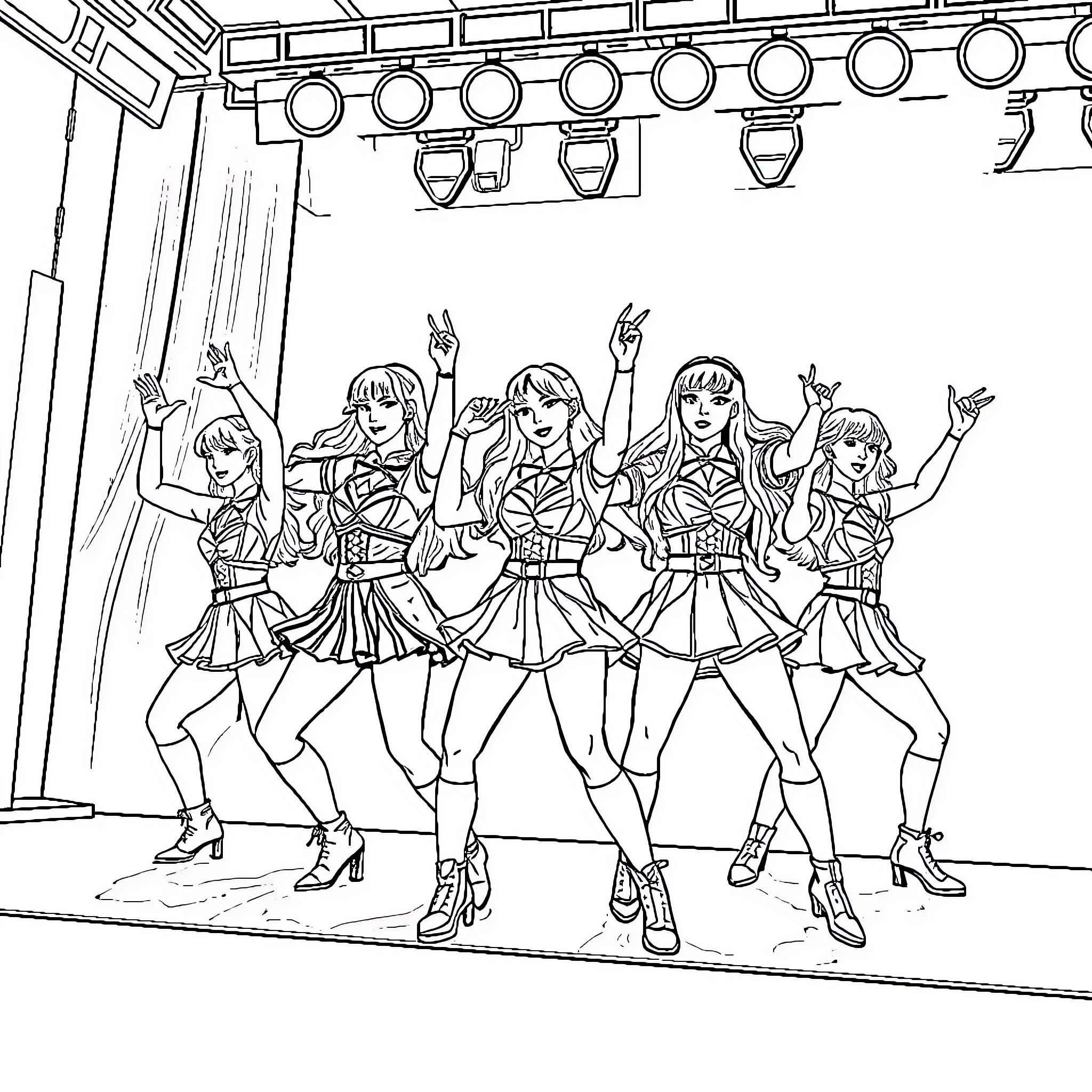 K Pop Warrior Dancers Performing on Stage Coloring Page (free black-and-white line drawing printable PDF for all, from beginners to advanced learners, including children, teens, adults, and seniors)
