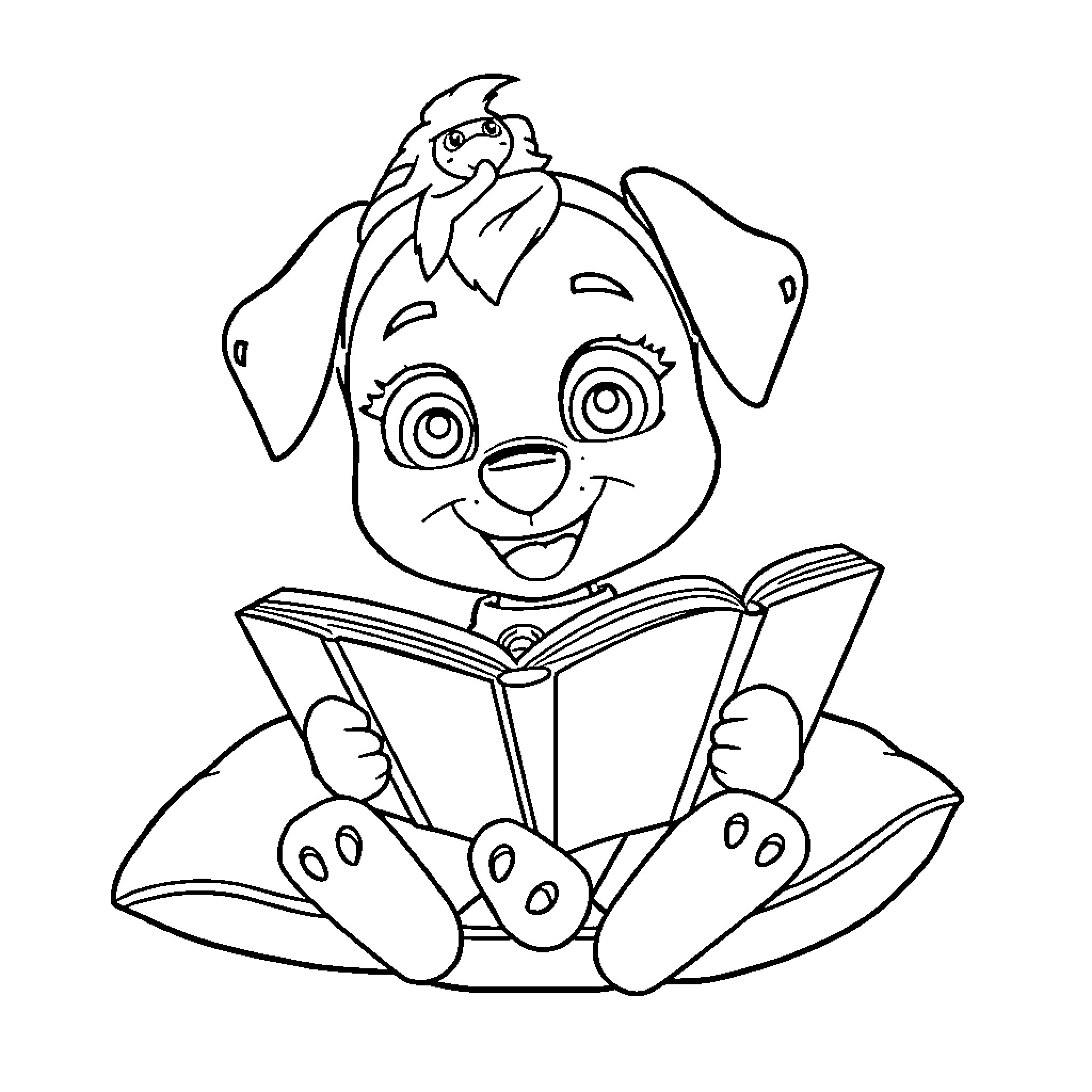 Skye reading a book with excitement Coloring Page (free black-and-white line drawing printable PDF for all, from beginners to advanced learners, including children, teens, adults, and seniors)