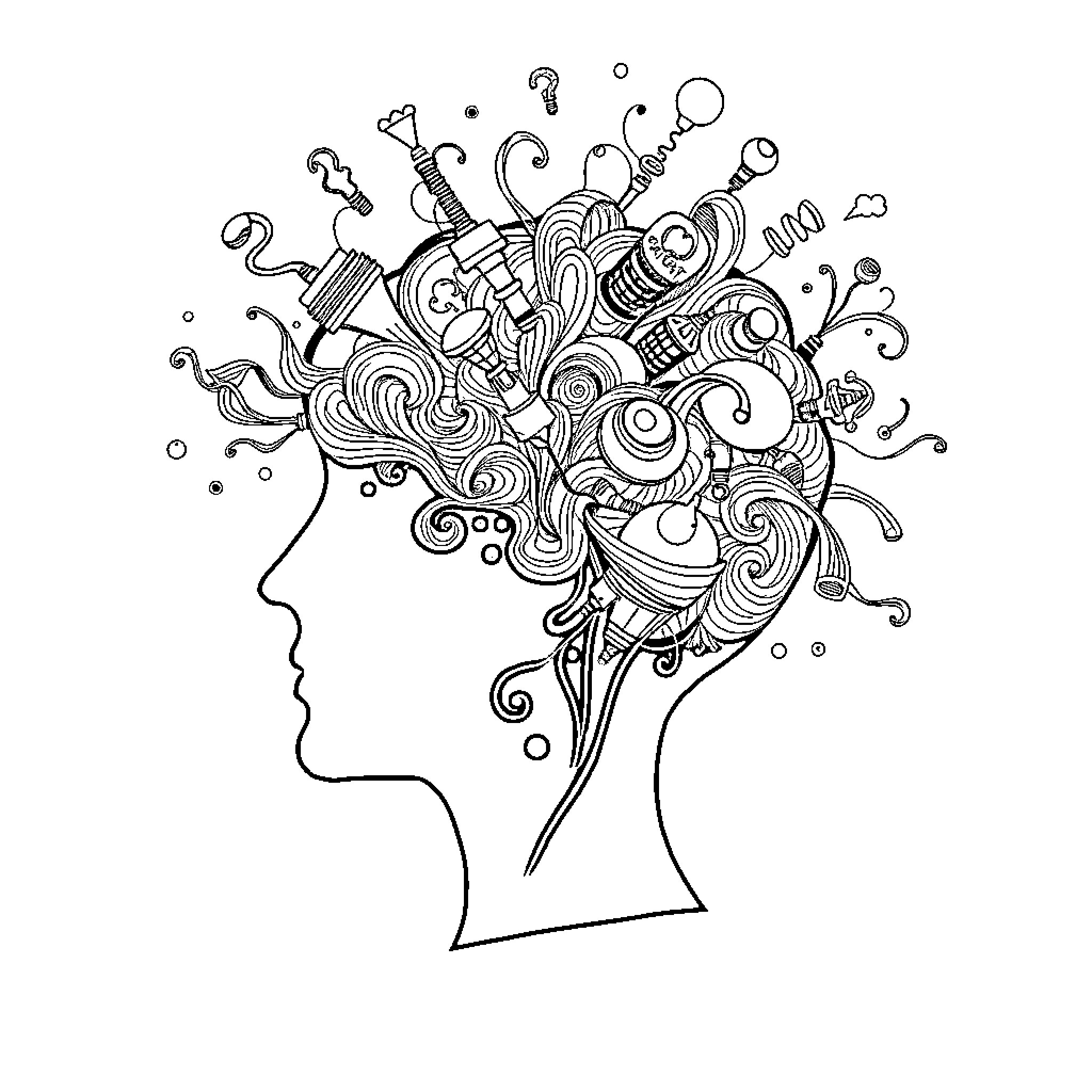 Head filled with whimsical doodles and patterns Coloring Page (free black-and-white line drawing printable PDF for all, from beginners to advanced learners, including children, teens, adults, and seniors)