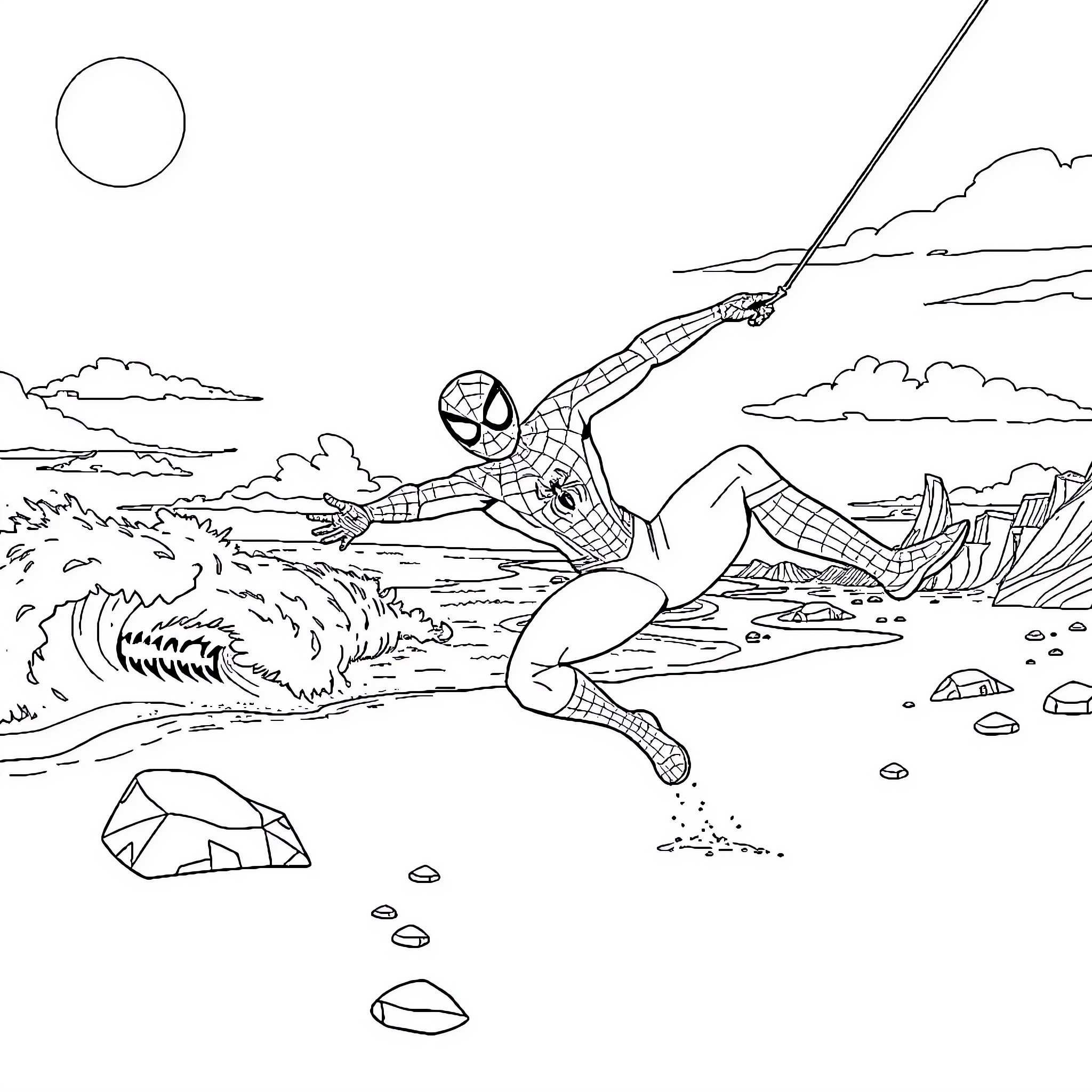 Spiderman swinging through a dramatic landscape Coloring Page (free black-and-white line drawing printable PDF for all, from beginners to advanced learners, including children, teens, adults, and seniors)