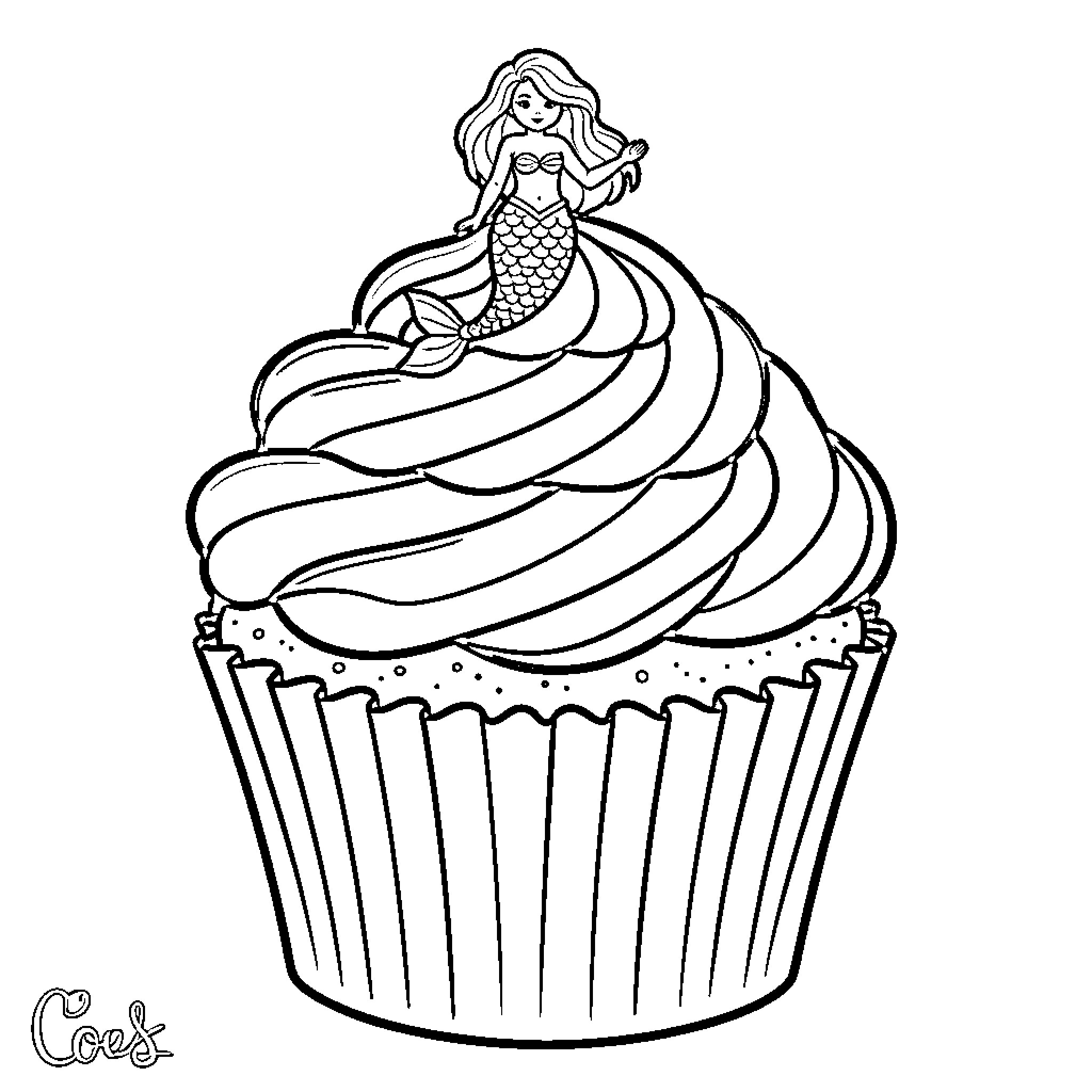 Mermaid cupcake with swirling dress Coloring Page (free black-and-white line drawing printable PDF for all, from beginners to advanced learners, including children, teens, adults, and seniors)