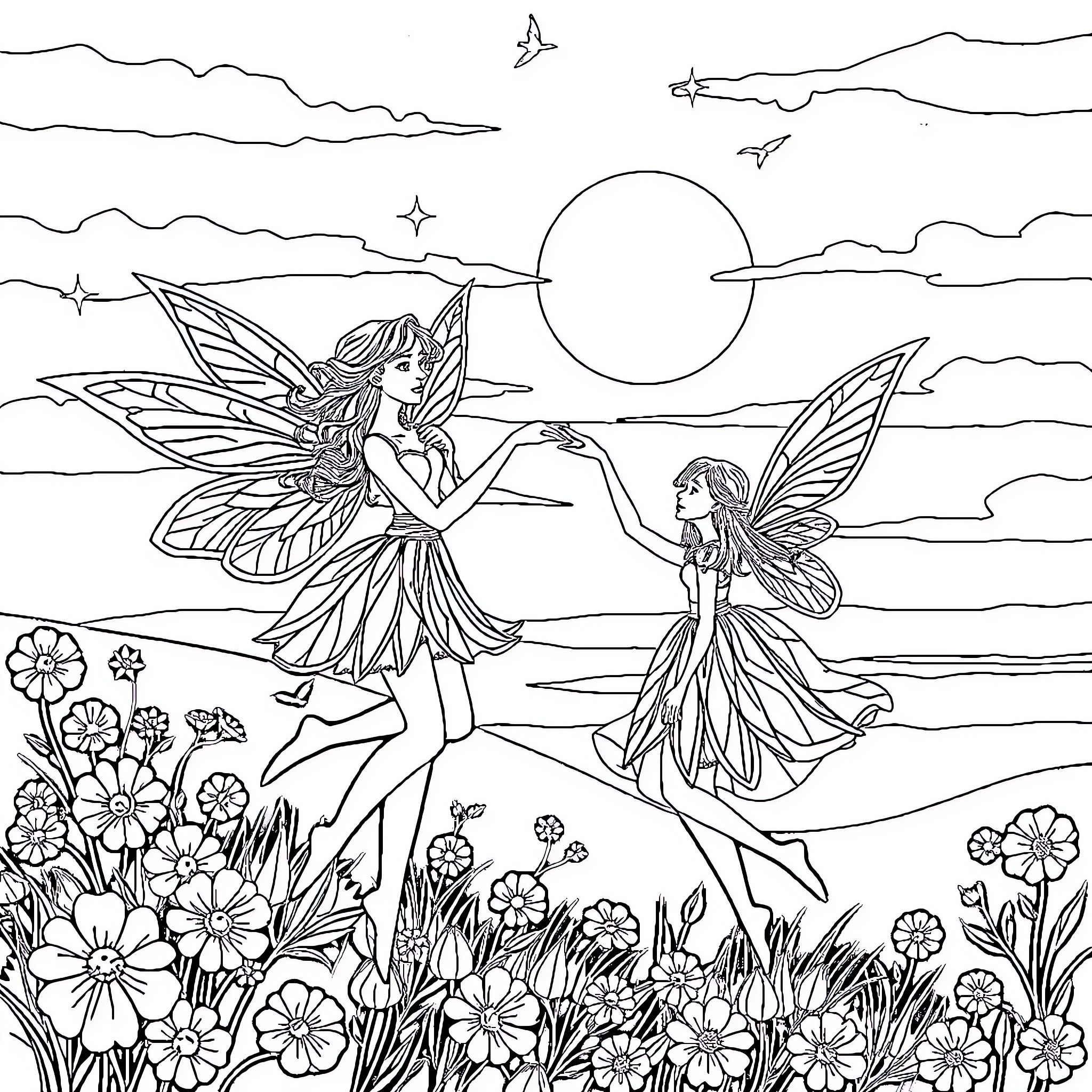 Fee Fairies Dancing in Moonlit Meadow Coloring Page (free black-and-white line drawing printable PDF for all, from beginners to advanced learners, including children, teens, adults, and seniors)