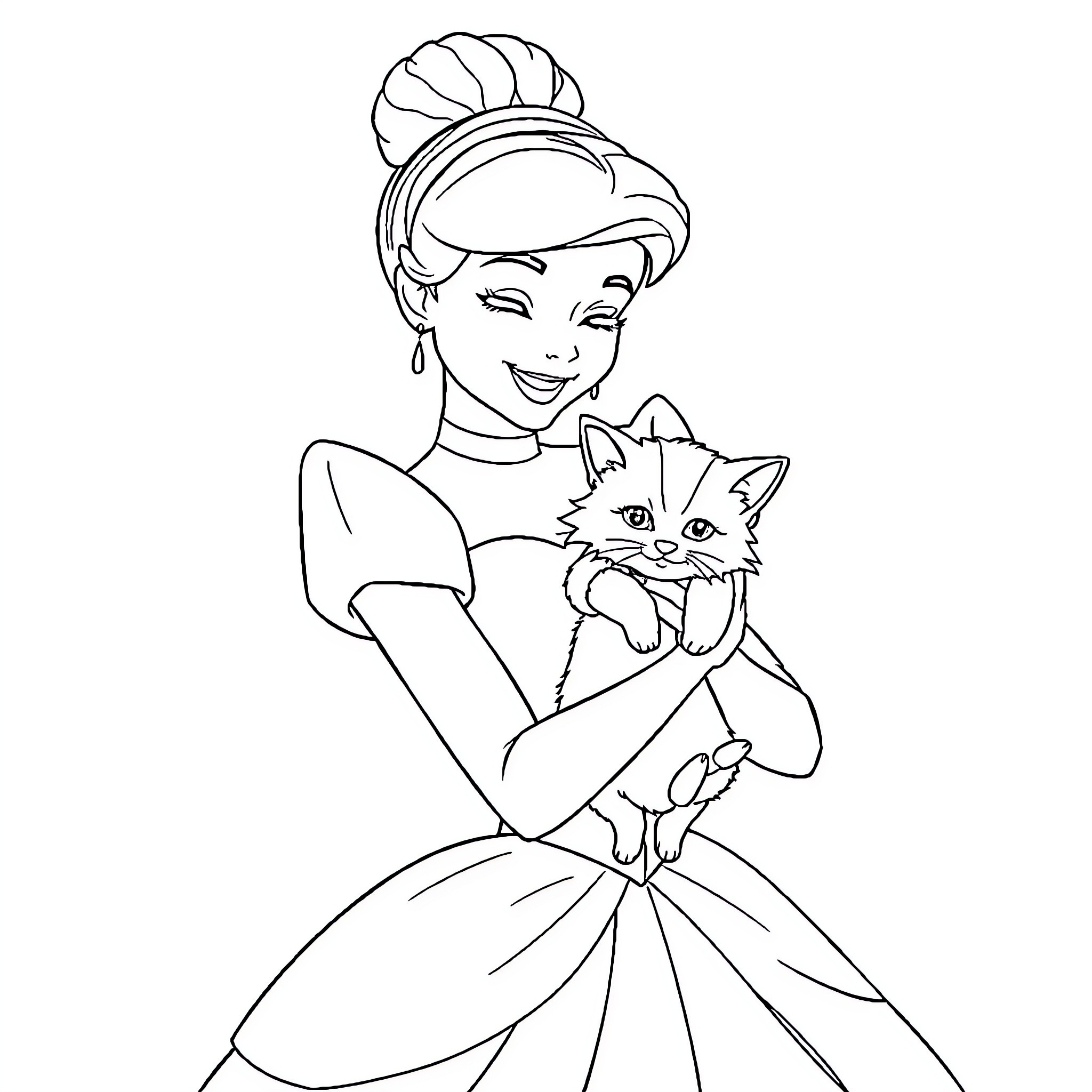 Cinderella holding a cute kitten Coloring Page (free black-and-white line drawing printable PDF for all, from beginners to advanced learners, including children, teens, adults, and seniors)