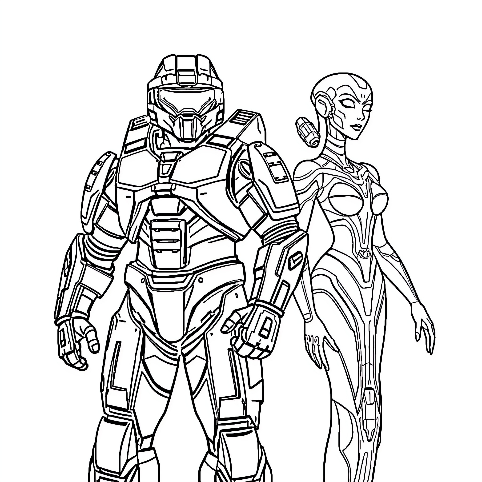 Halo Master Chief and Advanced Alien Technology Coloring Page (free black-and-white line drawing printable PDF for all, from beginners to advanced learners, including children, teens, adults, and seniors)