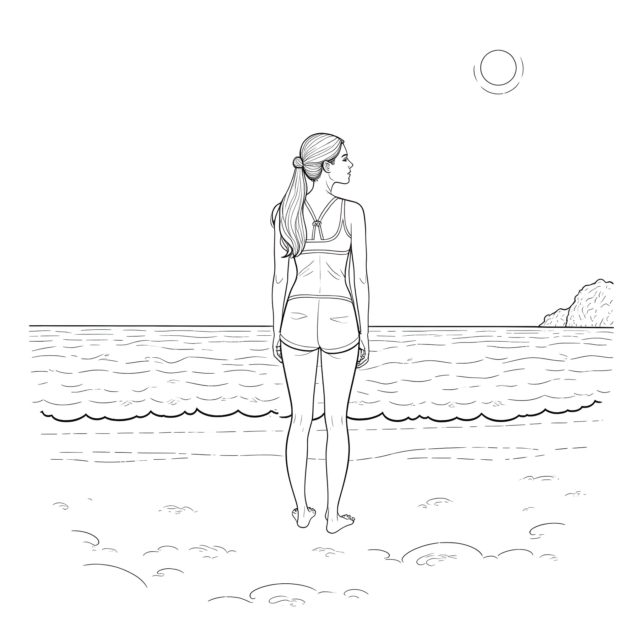 Woman standing on the beach in swimwear Coloring Page (free black-and-white line drawing printable PDF for all, from beginners to advanced learners, including children, teens, adults, and seniors)