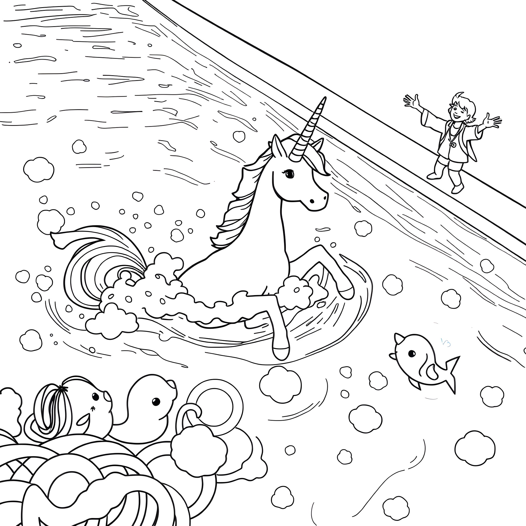 Unicorn swimming in magical waters with fantastical creatures Coloring Page (free black-and-white line drawing printable PDF for all, from beginners to advanced learners, including children, teens, adults, and seniors)