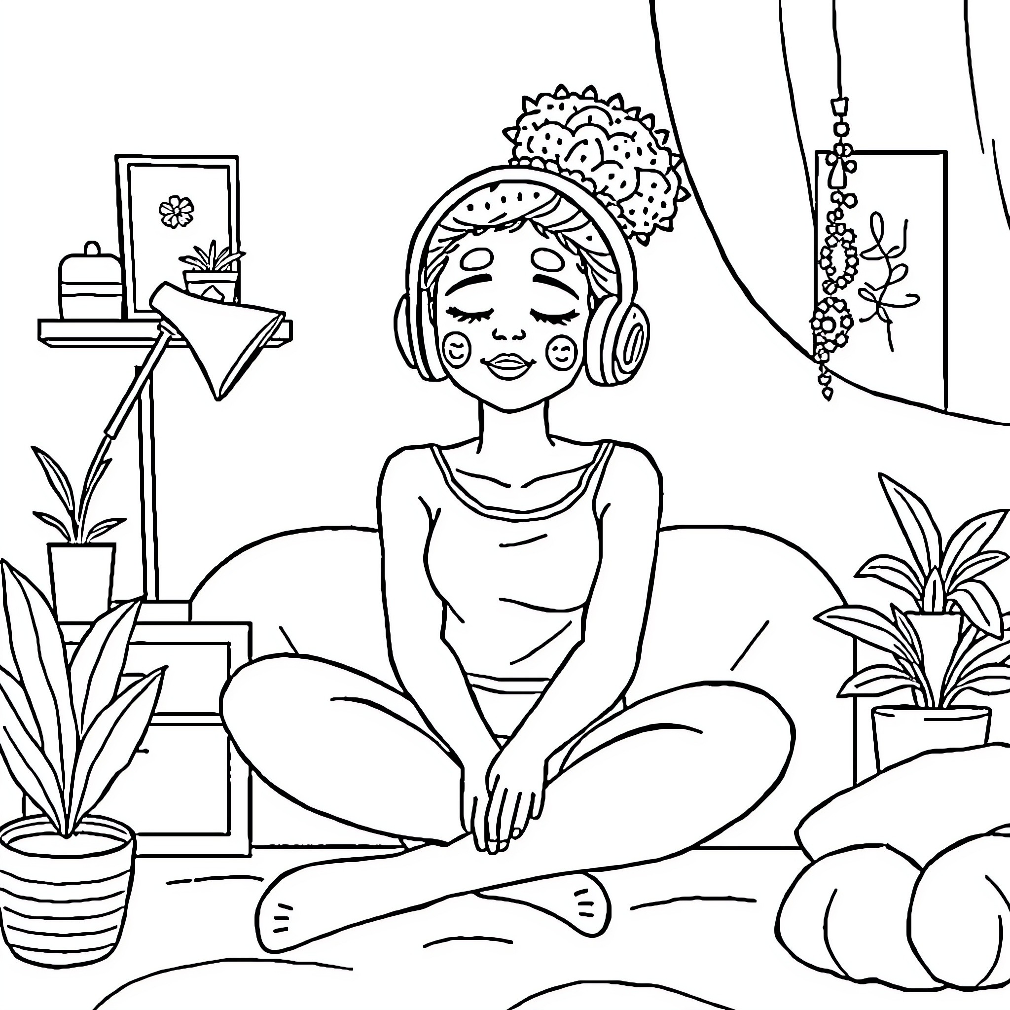 Girl Listening to Music and Relaxing at Home Coloring Page (free black-and-white line drawing printable PDF for all, from beginners to advanced learners, including children, teens, adults, and seniors)