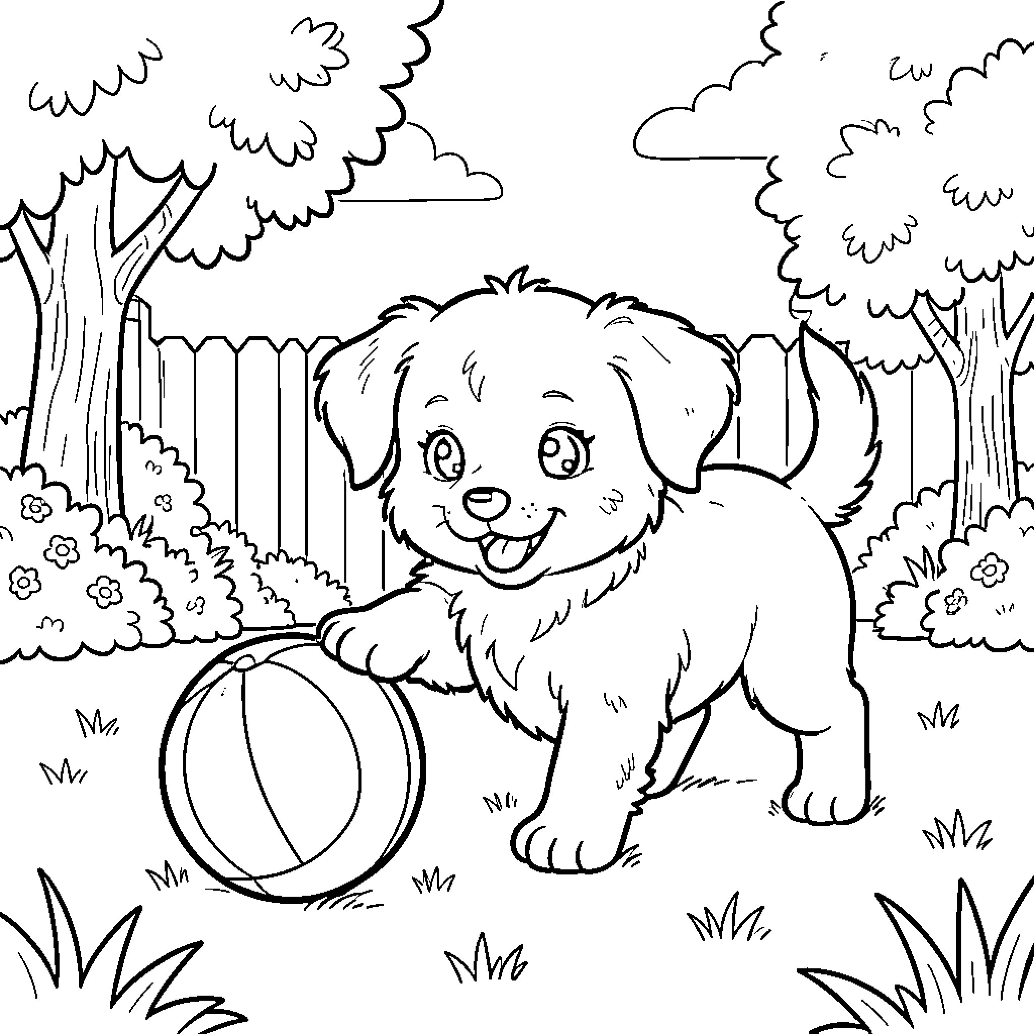 Puppy playing joyfully with a ball in the park Coloring Page (free black-and-white line drawing printable PDF for all, from beginners to advanced learners, including children, teens, adults, and seniors)