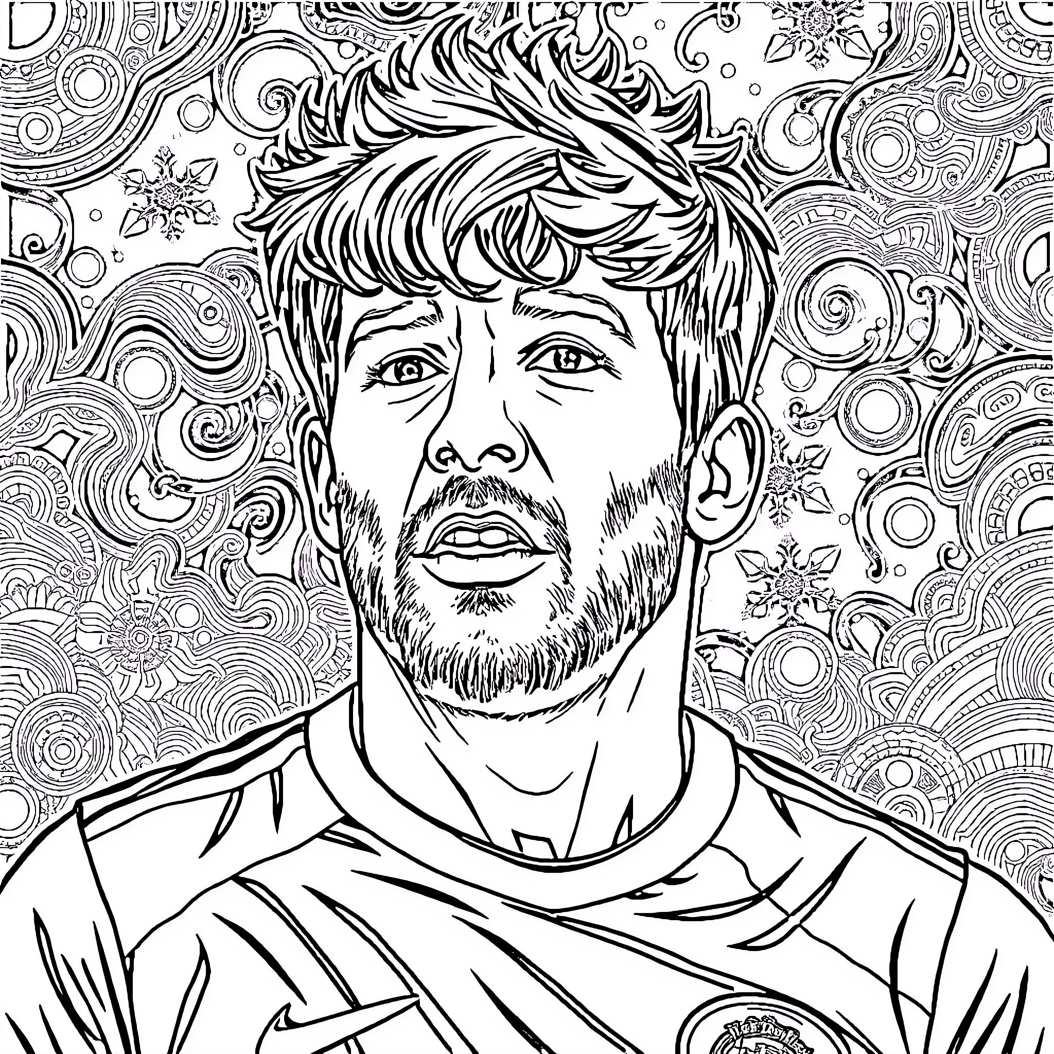 Cr7 Footballer's Stylized Portrait in Monochrome Coloring Page (free black-and-white line drawing printable PDF for all, from beginners to advanced learners, including children, teens, adults, and seniors)