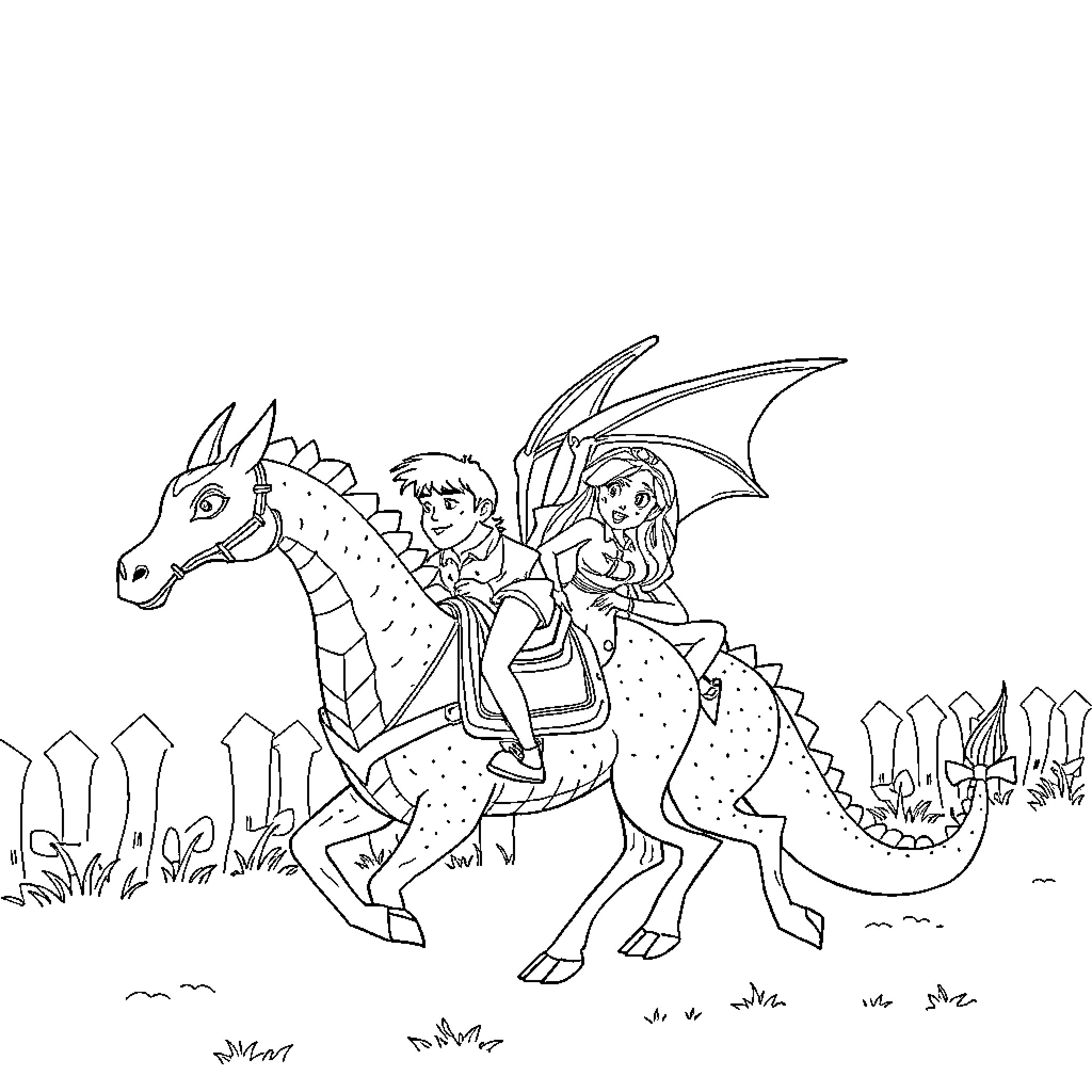 Oscar riding a fantasy dragon with a friend Coloring Page (free black-and-white line drawing printable PDF for all, from beginners to advanced learners, including children, teens, adults, and seniors)