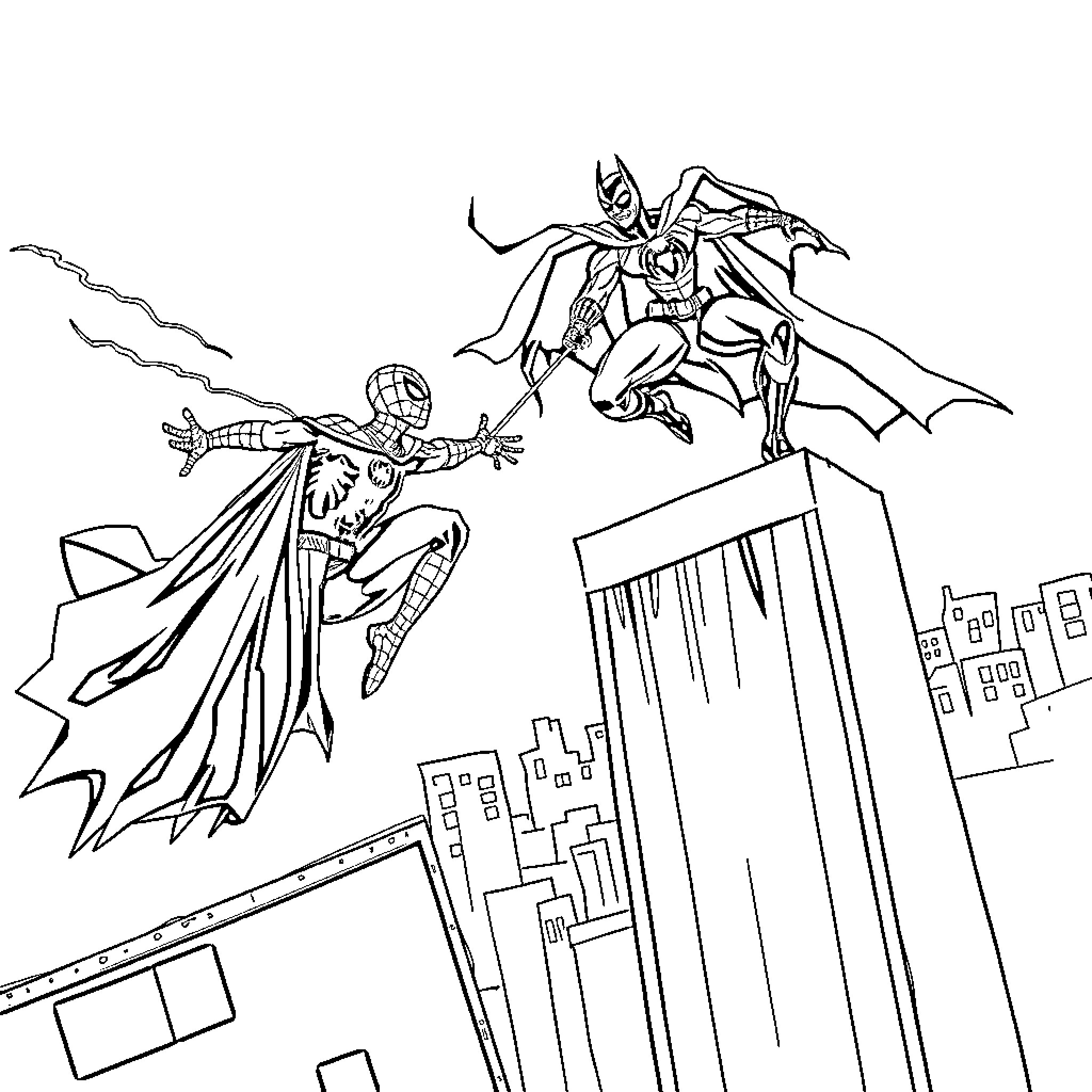 Spiderman and Batman take action in the city Coloring Page (free black-and-white line drawing printable PDF for all, from beginners to advanced learners, including children, teens, adults, and seniors)