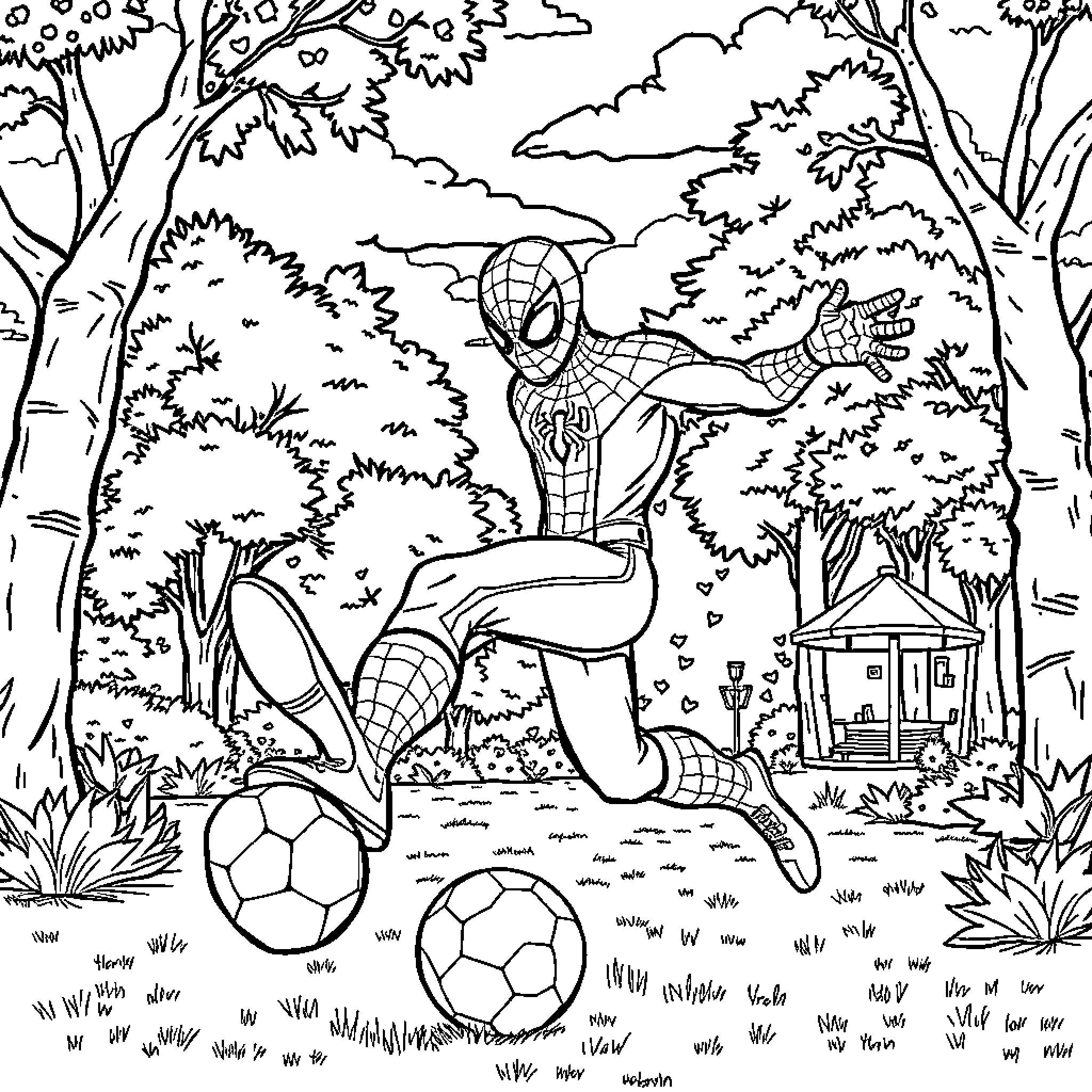 Spiderman playing soccer in a lush park Coloring Page (free black-and-white line drawing printable PDF for all, from beginners to advanced learners, including children, teens, adults, and seniors)