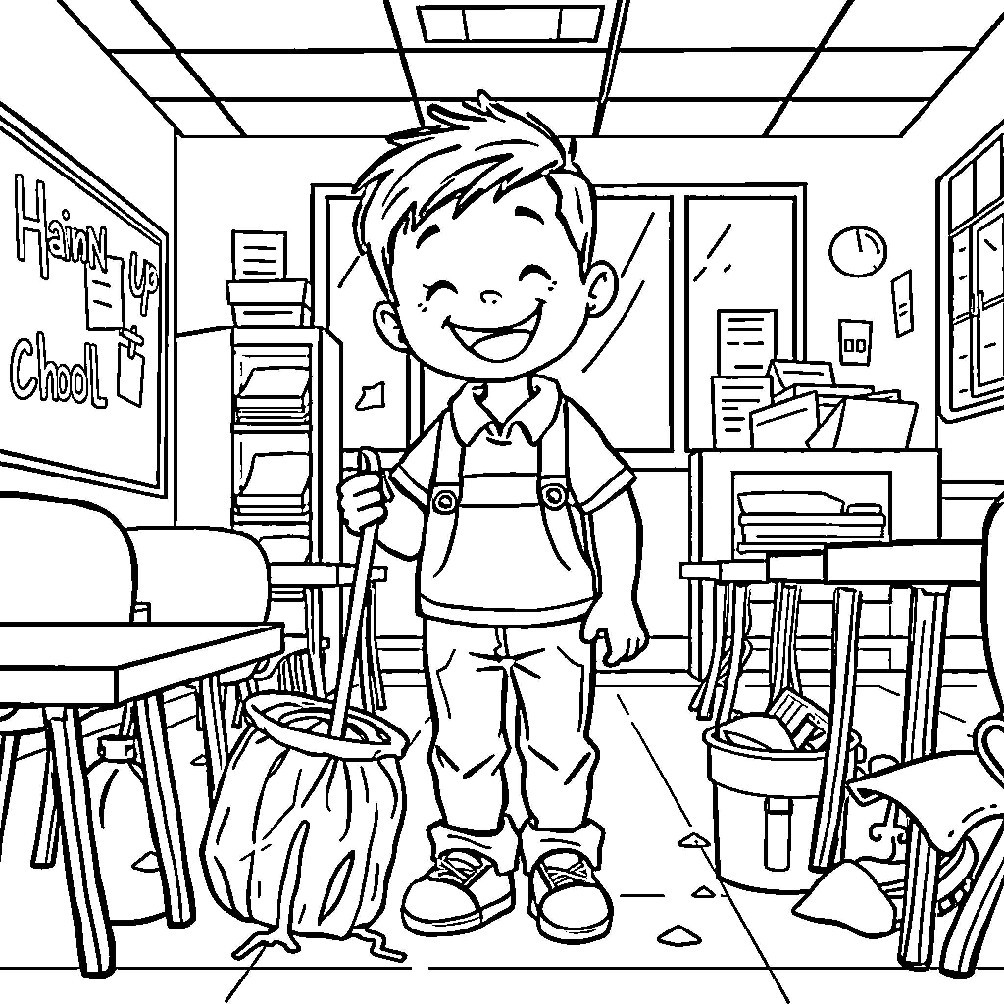 Kid cleaning up the school classroom happily Coloring Page (free black-and-white line drawing printable PDF for all, from beginners to advanced learners, including children, teens, adults, and seniors)