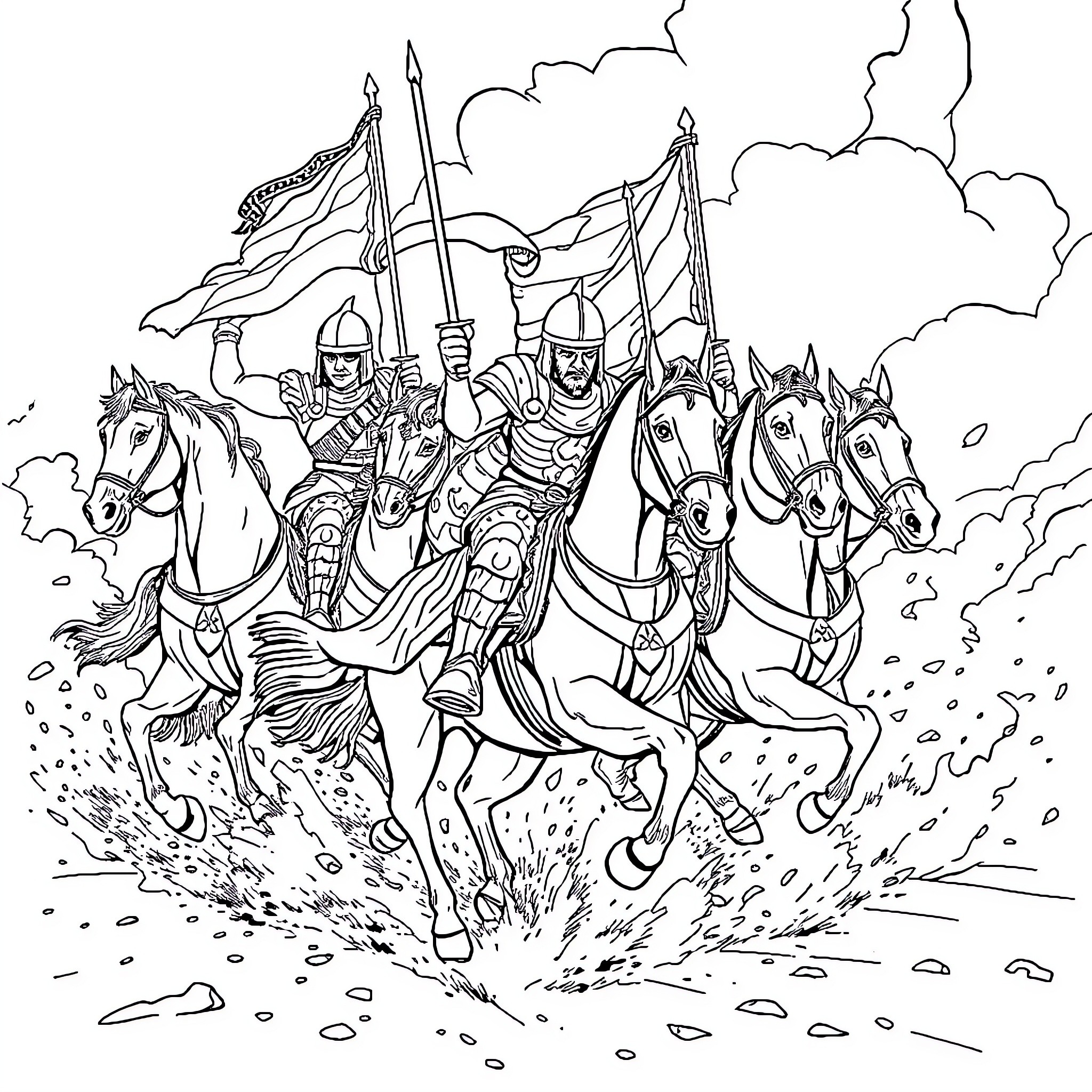 Warrior soldiers charging into battle on horseback Coloring Page (free black-and-white line drawing printable PDF for all, from beginners to advanced learners, including children, teens, adults, and seniors)