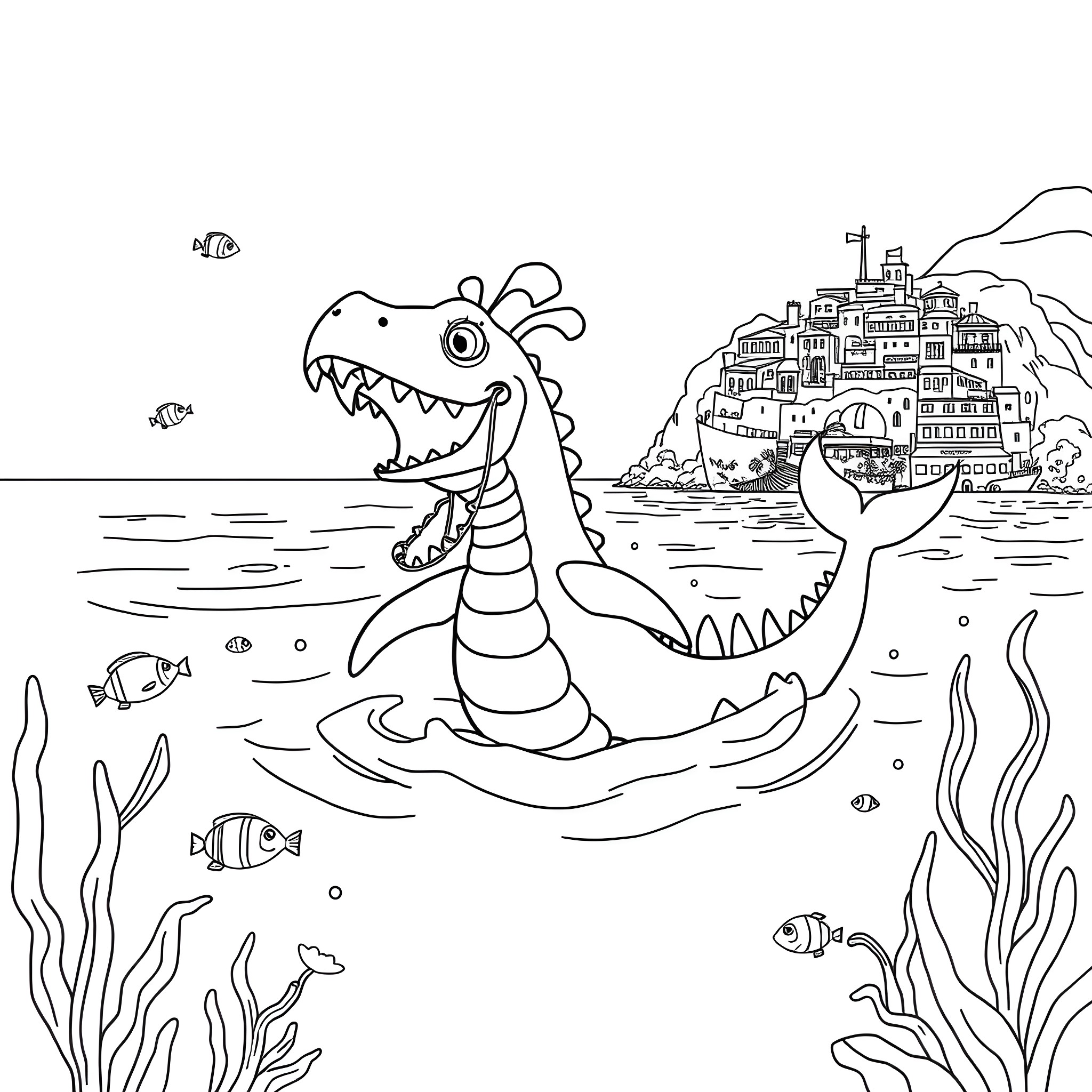 Luca enjoying the underwater world with the seaside town Coloring Page (free black-and-white line drawing printable PDF for all, from beginners to advanced learners, including children, teens, adults, and seniors)