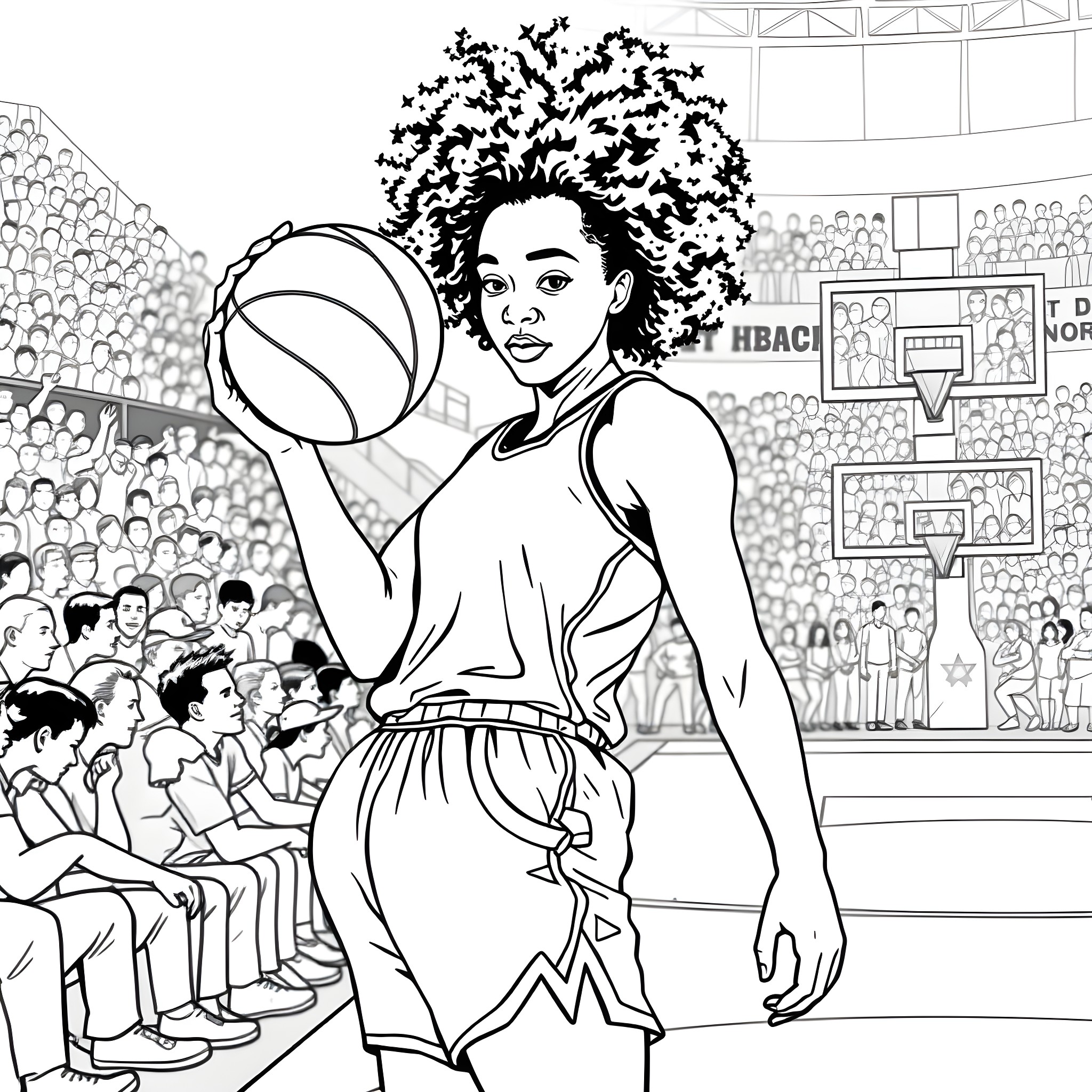 Basketball Player Competing on the Court Coloring Page (free black-and-white line drawing printable PDF for all, from beginners to advanced learners, including children, teens, adults, and seniors)