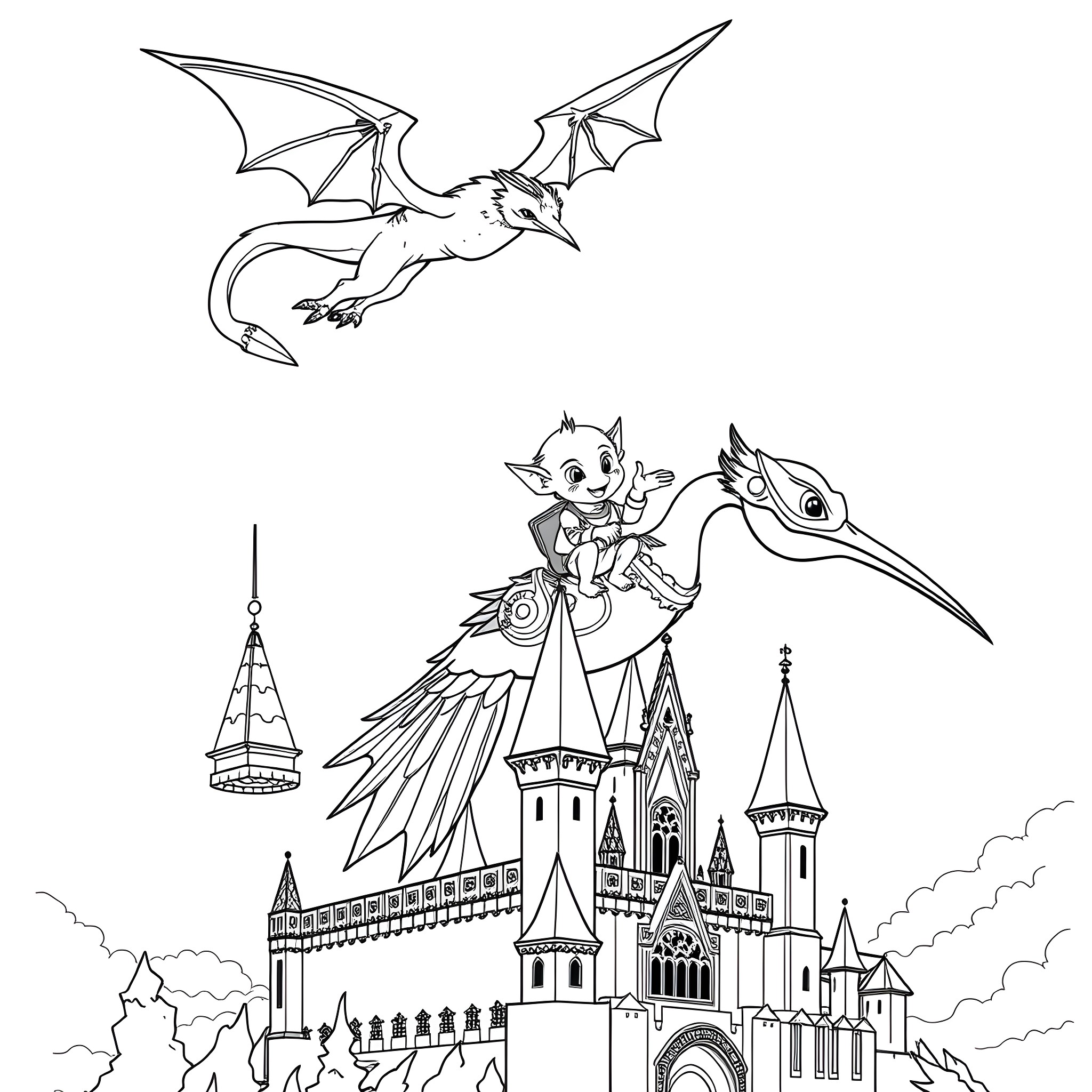 Monster Dragon Soaring and Mystical Fantasy Castle Coloring Page (free black-and-white line drawing printable PDF for all, from beginners to advanced learners, including children, teens, adults, and seniors)