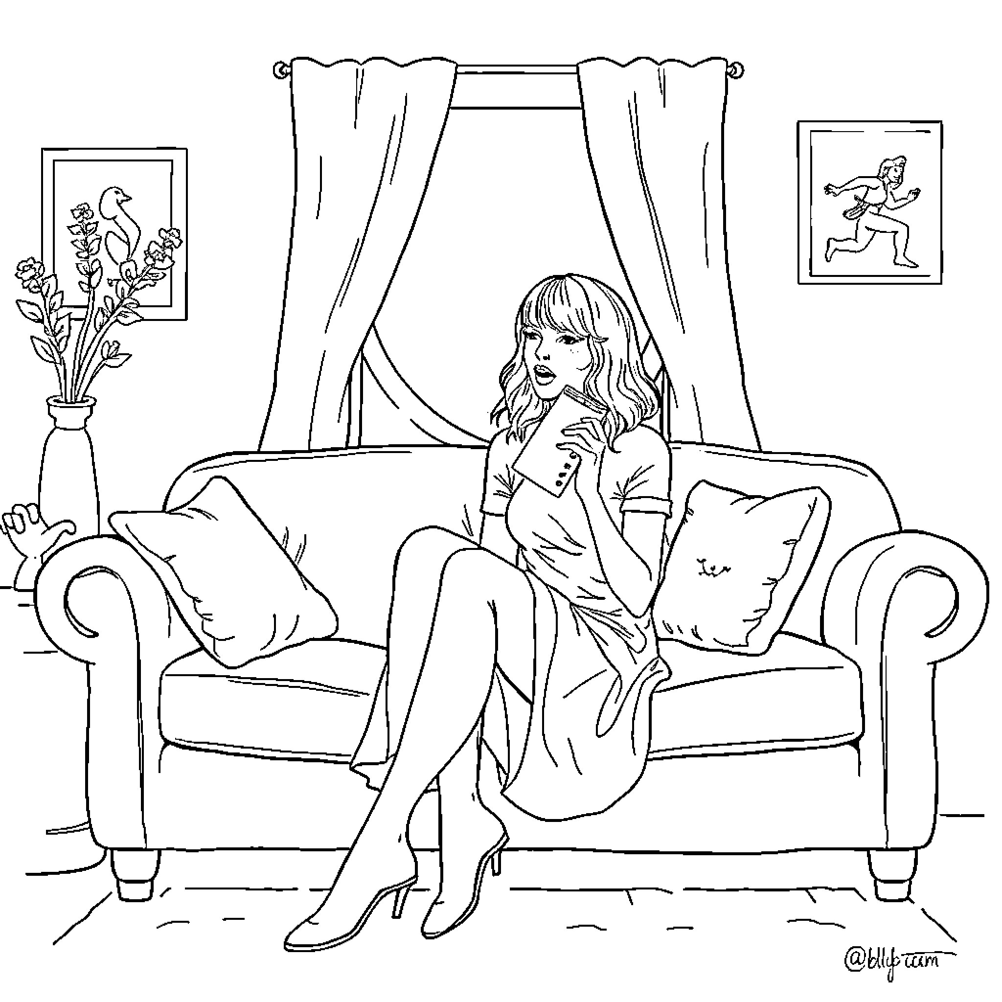 Taylor Swift lounging elegantly in a cozy living room Coloring Page (free black-and-white line drawing printable PDF for all, from beginners to advanced learners, including children, teens, adults, and seniors)