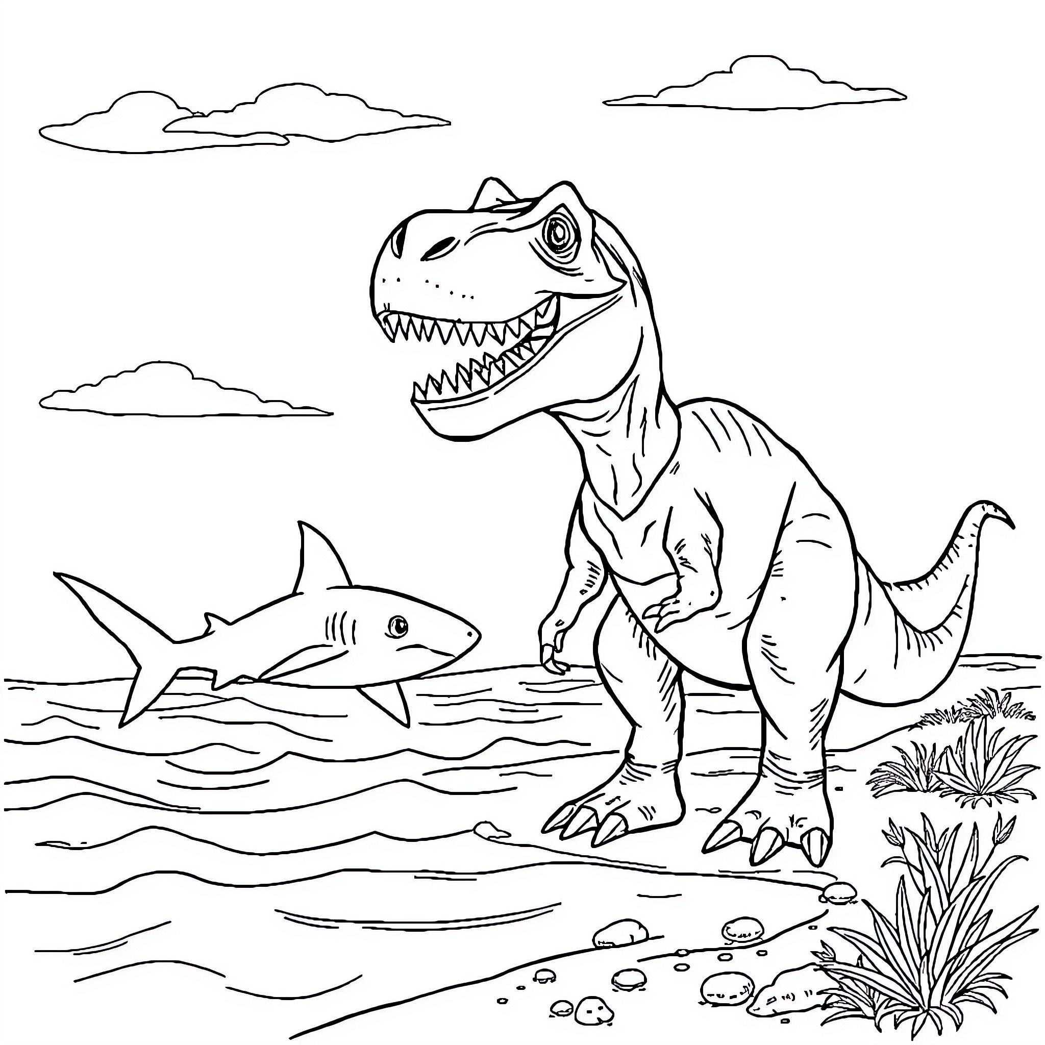 Shark-toothed dinosaur and marine predator in habitat Coloring Page (free black-and-white line drawing printable PDF for all, from beginners to advanced learners, including children, teens, adults, and seniors)