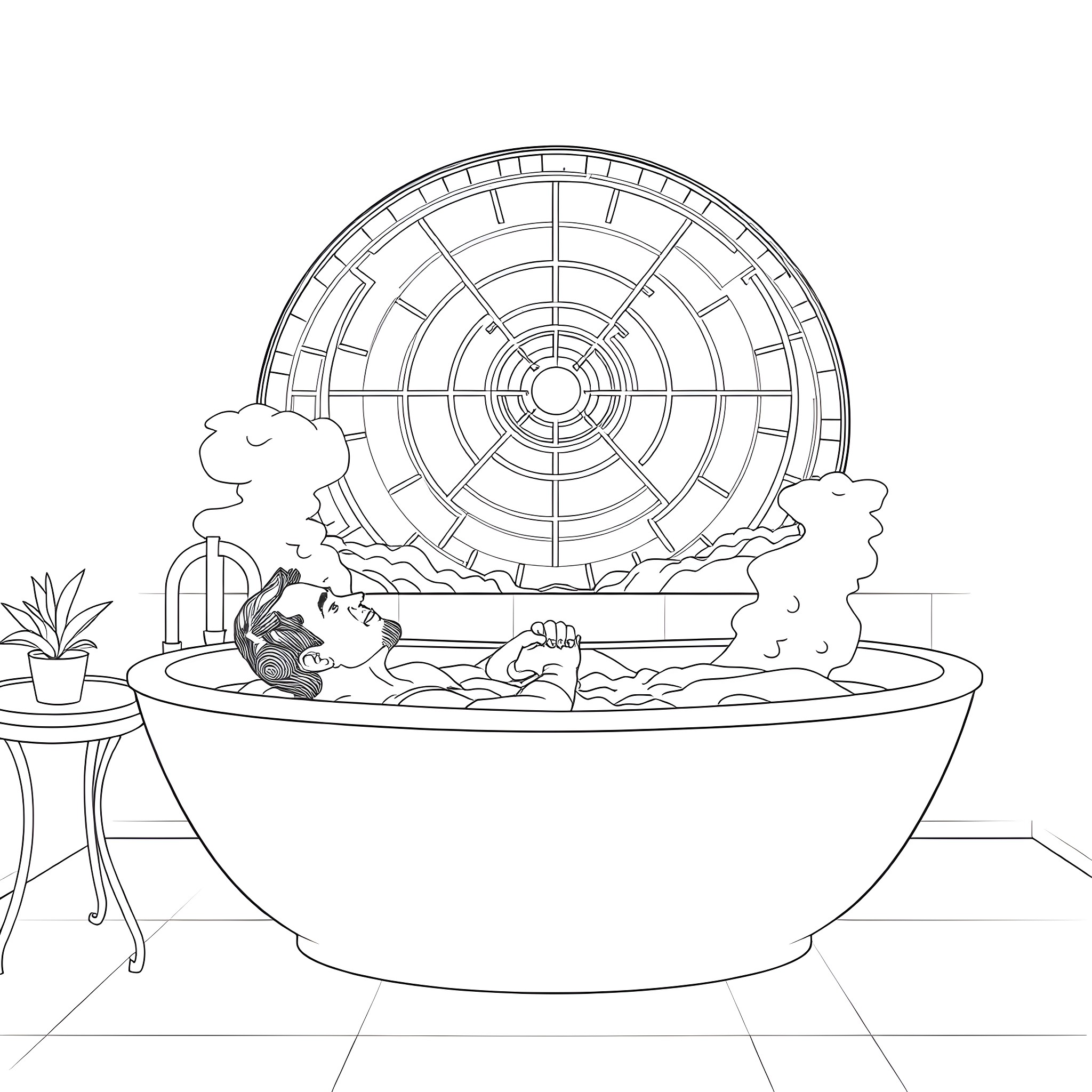 Man relaxing in bathtub with ferris wheel view Coloring Page (free black-and-white line drawing printable PDF for all, from beginners to advanced learners, including children, teens, adults, and seniors)