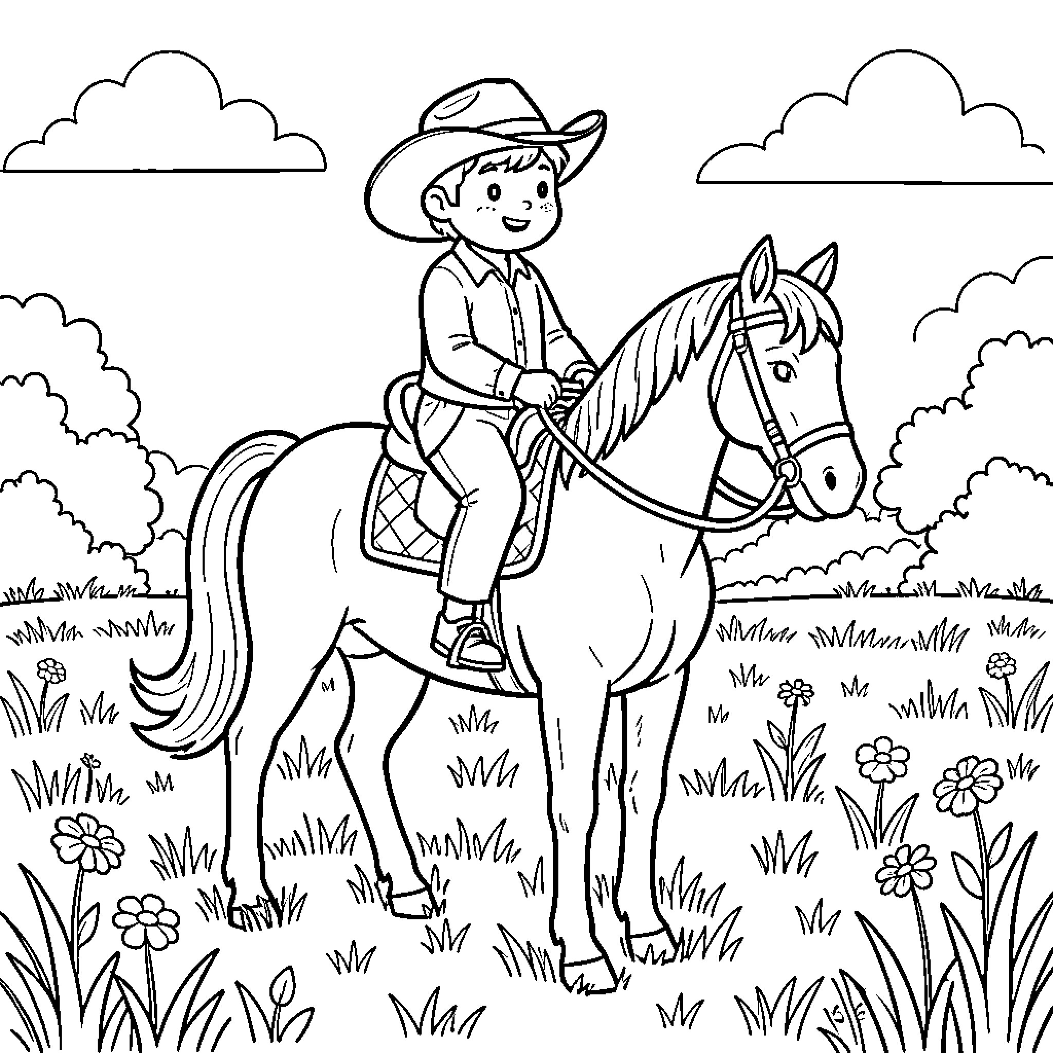 Pepero boy wearing a cowboy hat riding a horse Coloring Page (free black-and-white line drawing printable PDF for all, from beginners to advanced learners, including children, teens, adults, and seniors)