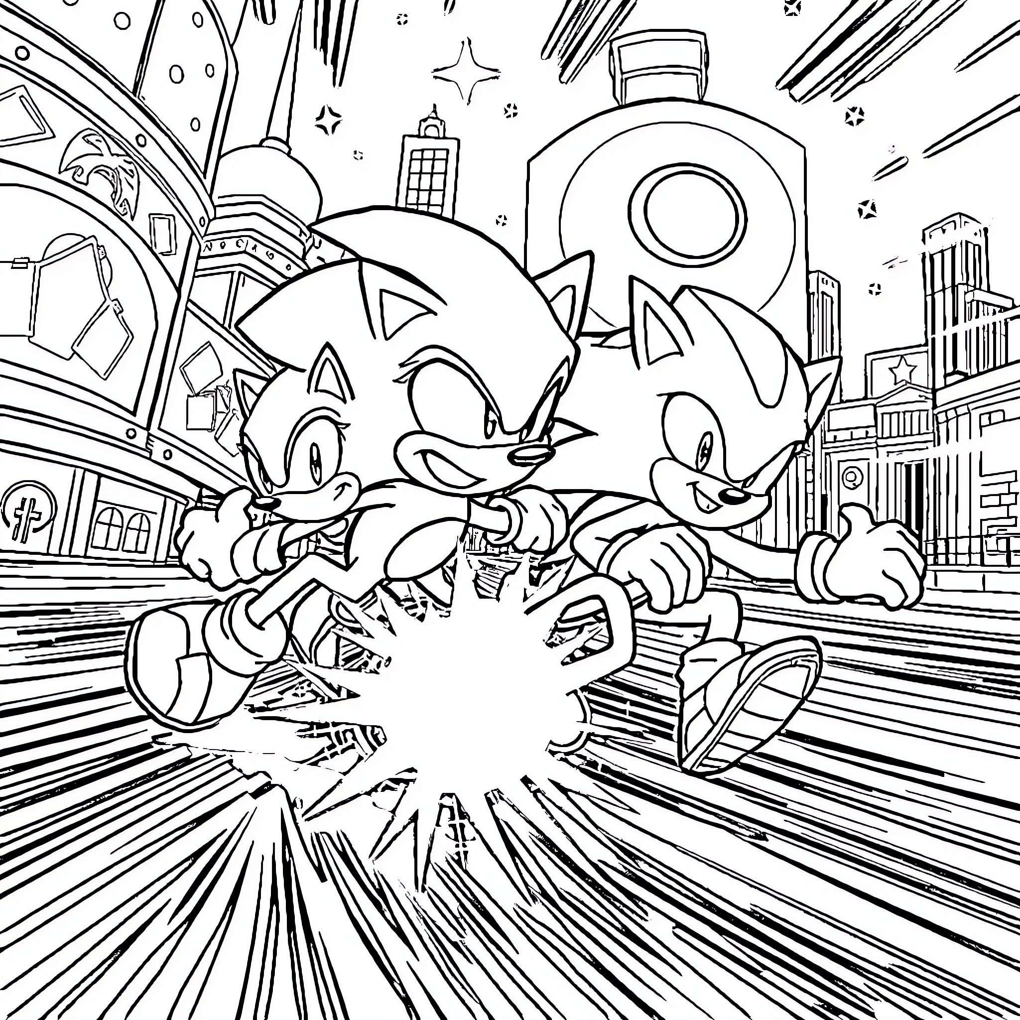 Sonic's Thrilling Adventure in the City Coloring Page (free black-and-white line drawing printable PDF for all, from beginners to advanced learners, including children, teens, adults, and seniors)