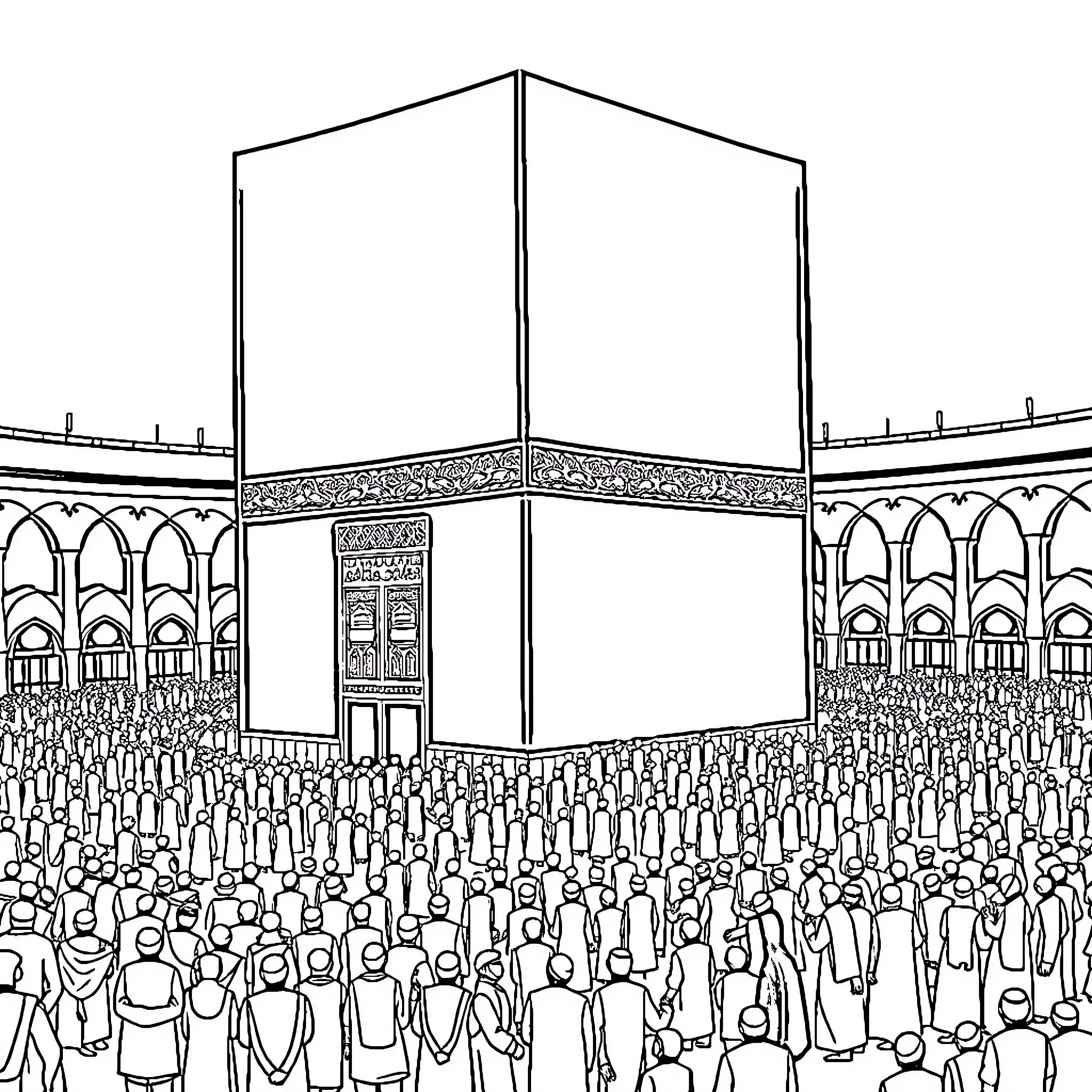 Kaaba surrounded by devoted Muslim pilgrims Coloring Page (free black-and-white line drawing printable PDF for all, from beginners to advanced learners, including children, teens, adults, and seniors)